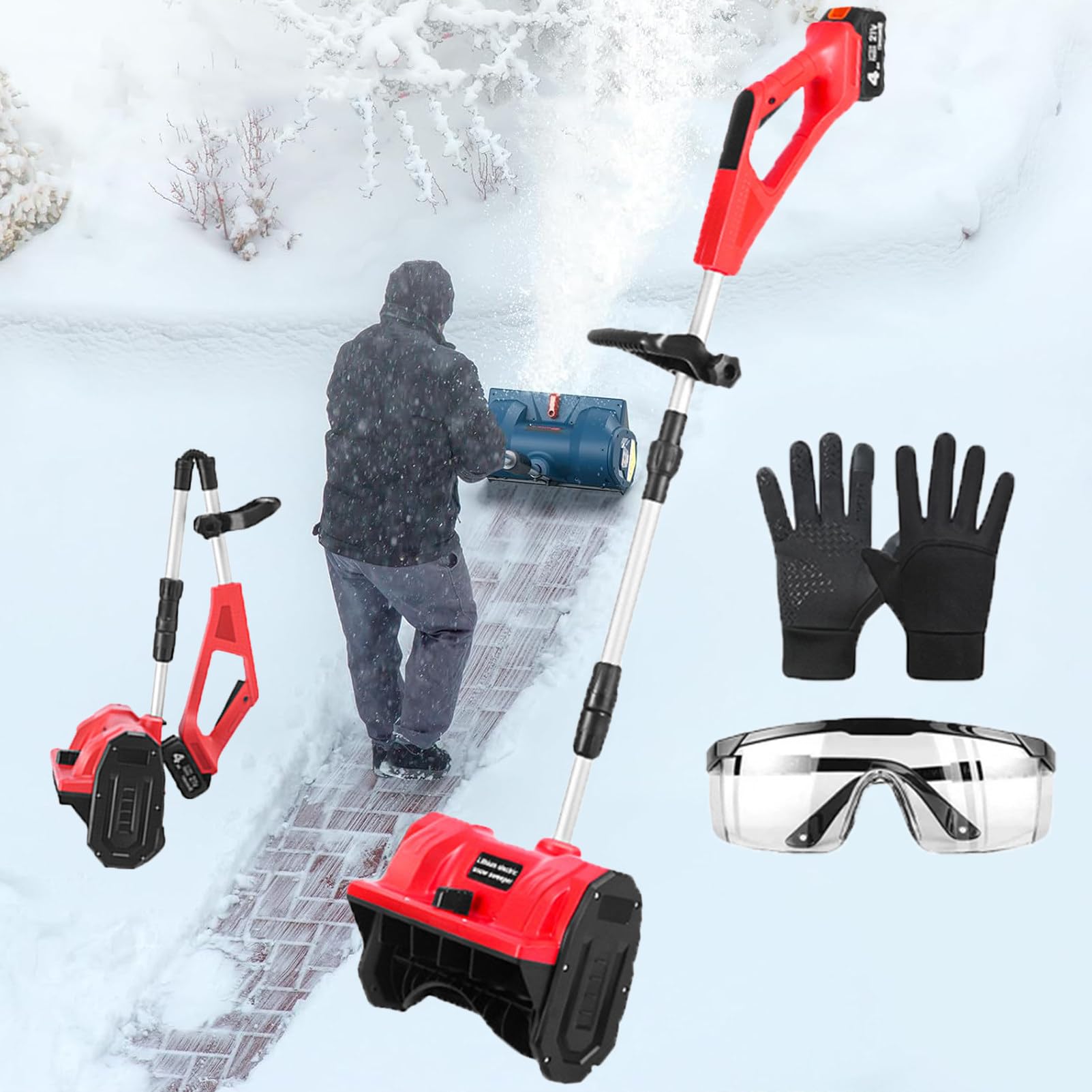 Soplador de nieve eléctrico inalámbrico manual con doble interruptor de seguridad y pala plegable