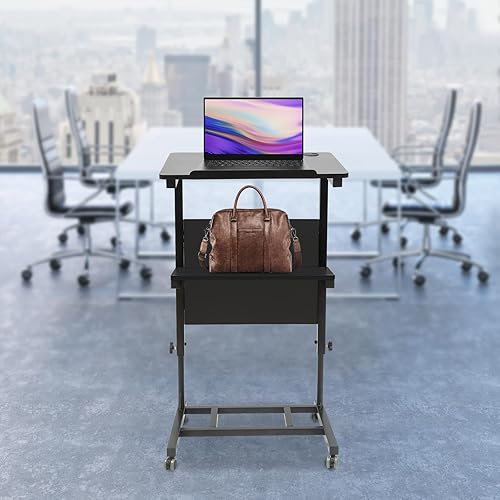 Miniatura 9 de Stand Up Desk Store - Atril móvil de altura ajustable con marco de acero resistente, podio móvil de pie con ruedas, marco negro y estantes, 23.62