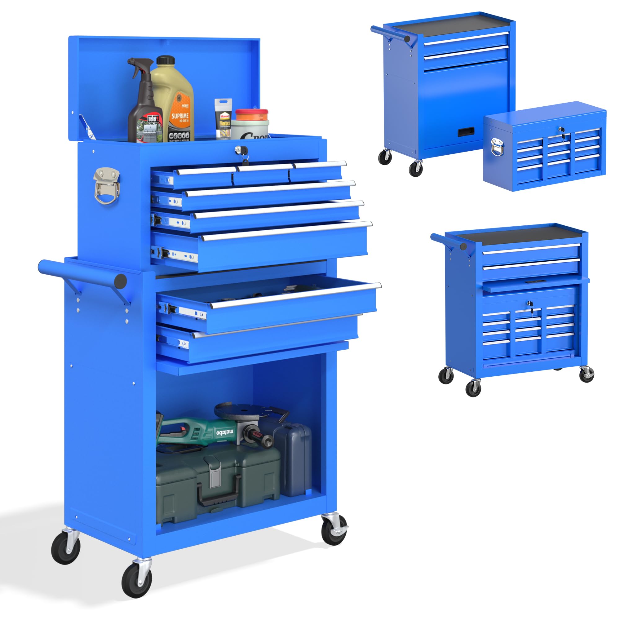 8-Drawer High Capacity Tool Chest, Rolling Tool Box with Lock, Tool Box on 4 Wheels with Sliding Drawers, Tool Storage Cabinet Removable Portable Box for Garage Warehouse New (Blue)