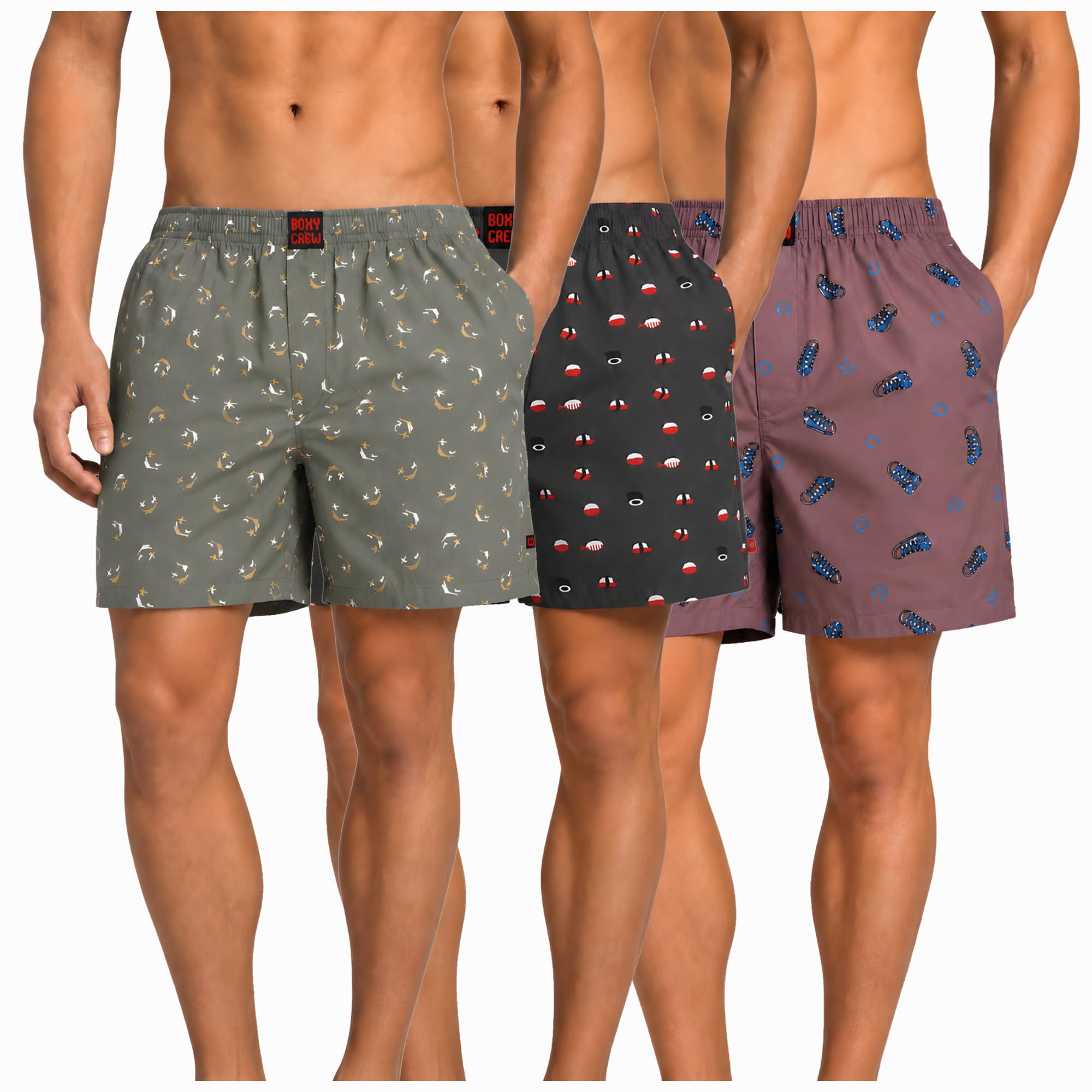 Men's 100% Cotton Boxer Shorts Pack of 3, Green, Charcoal & Mauve | Woven Boxers with Side Pockets, No-Marks Elastic Waistband, Breathable Relaxed Fit | Style 008-012-015-image-48