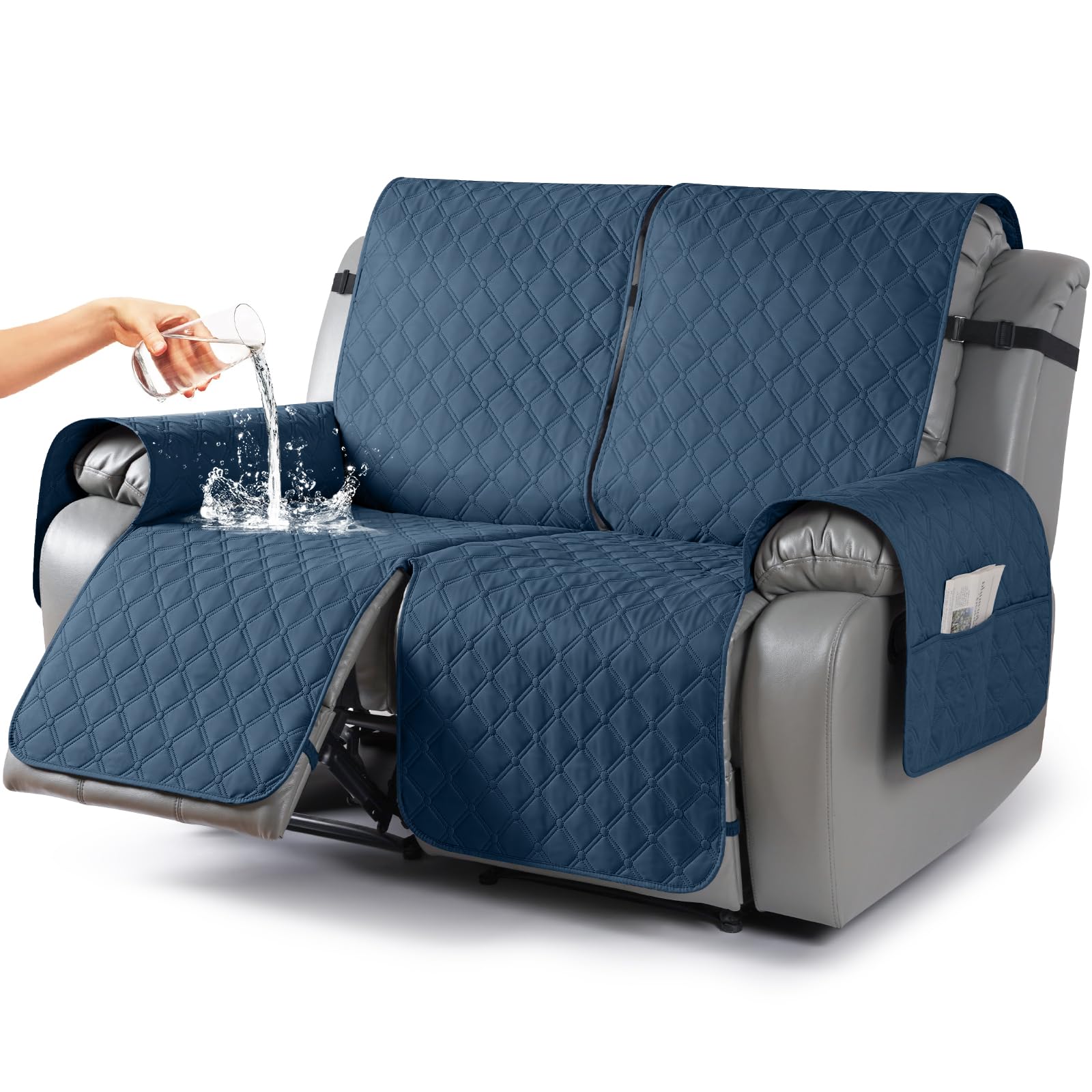 TAOCOCO 100% Waterproof Recliner Covers, Recliner Sofa Covers with Leg Straps, Reversible Recliner Couch Cover for Reclining Chair, Washable Couch Protector for Pets Kids(2 Seater, Ocean Blue)