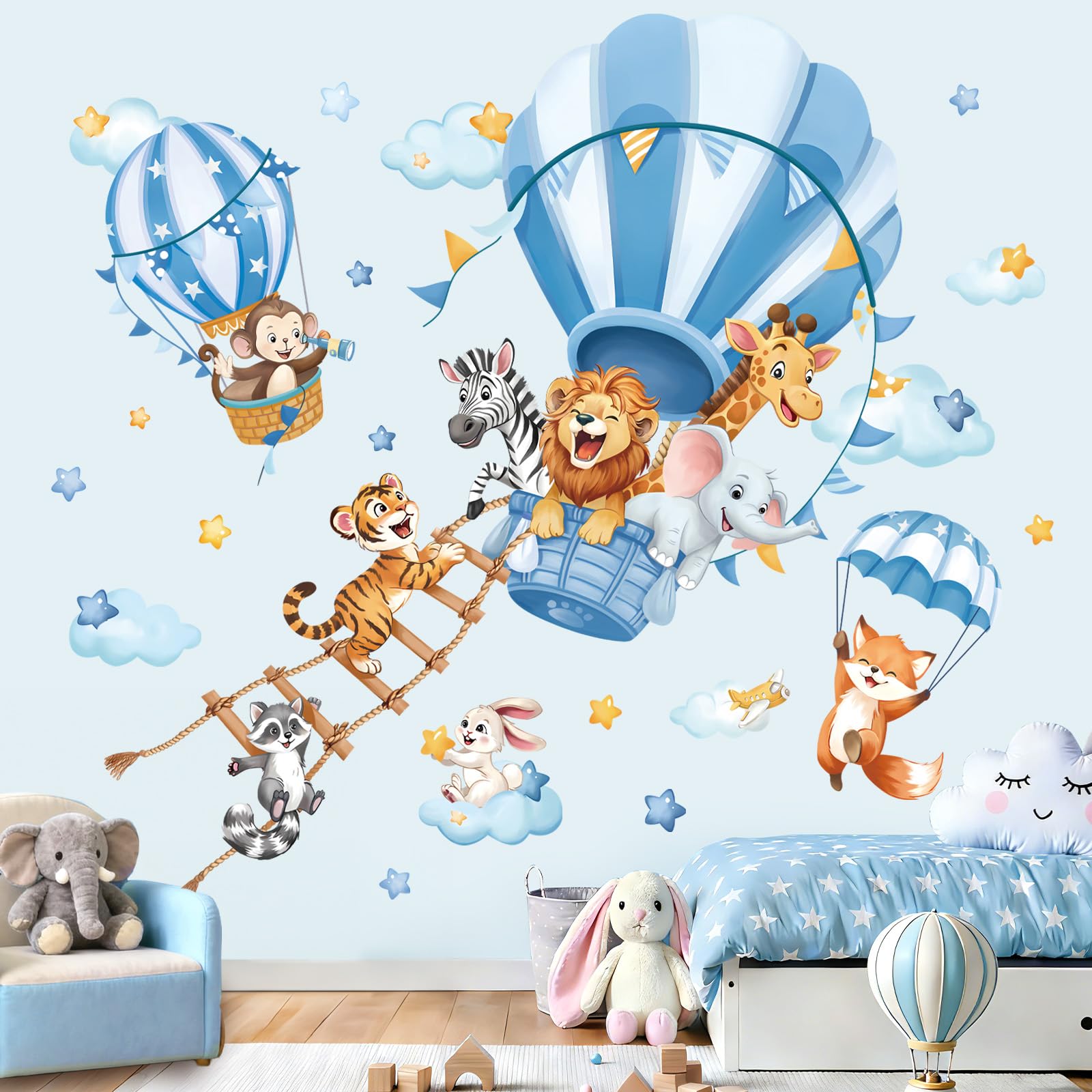decalmile Stickers Muraux Animaux Montgolfière Bleu Autocollant Mural Lion Éléphant Singe Nuages Étoile Décoration Murale Chambre Salle de Jeux Bébé Pépinière - 3