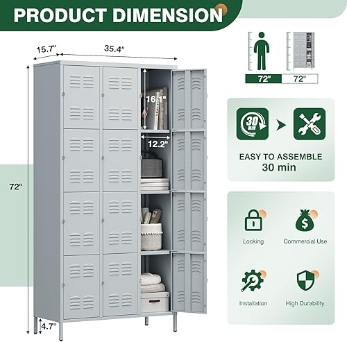 Miniatura 18 de Letaya Taquillas de metal para empleados: armario de almacenamiento de 9 puertas con estantes y gabinete de acero con cerradura para la escuela