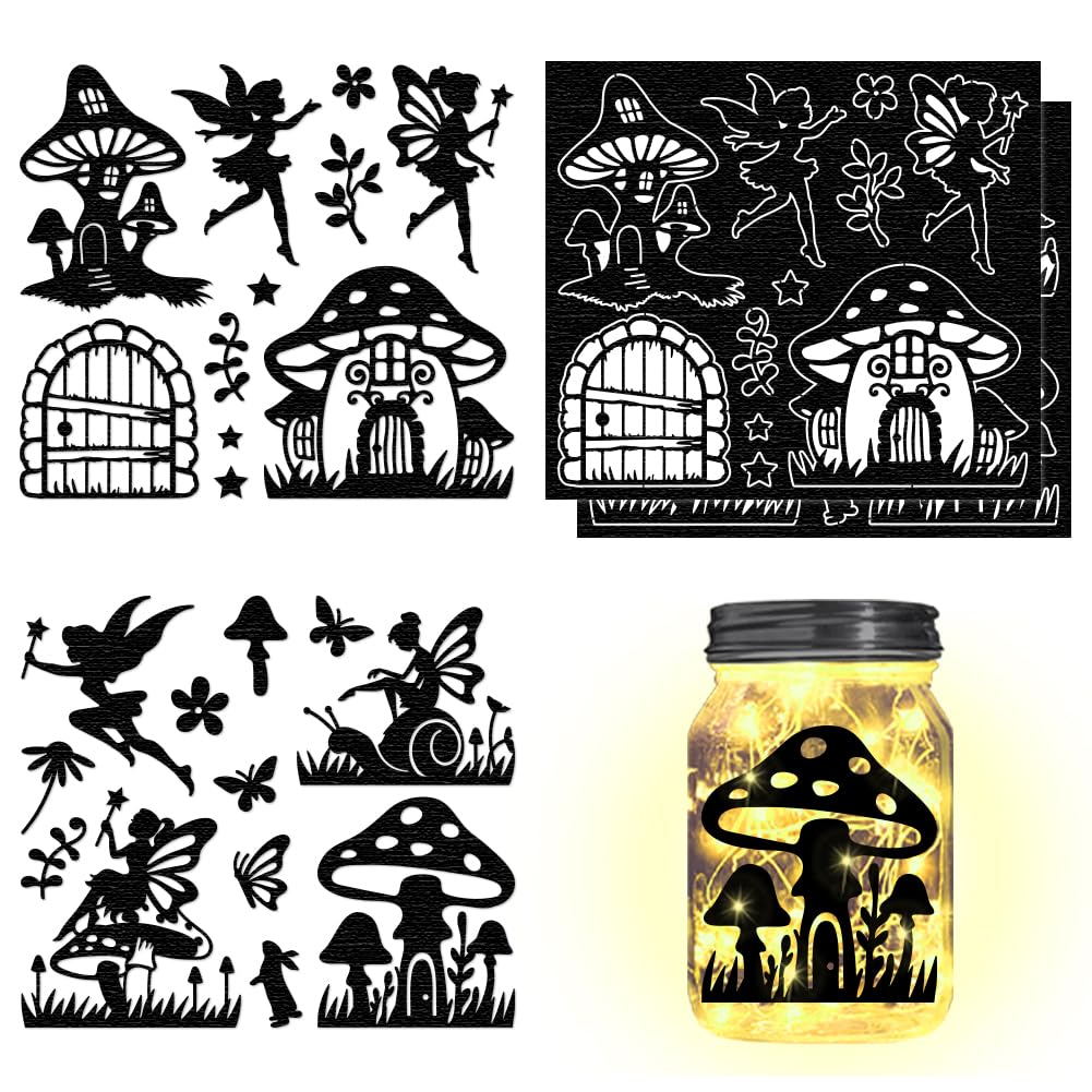 CHGCRAFT 4Pcs Fairy Silhouettes Laser Cutouts Decals Mushroom Butterfly Rabbit Mason Jar Cutouts Ornaments Fairy Cutouts Scrapbook Supplies for Wall Painting Window Glass Decor DIY Crafts