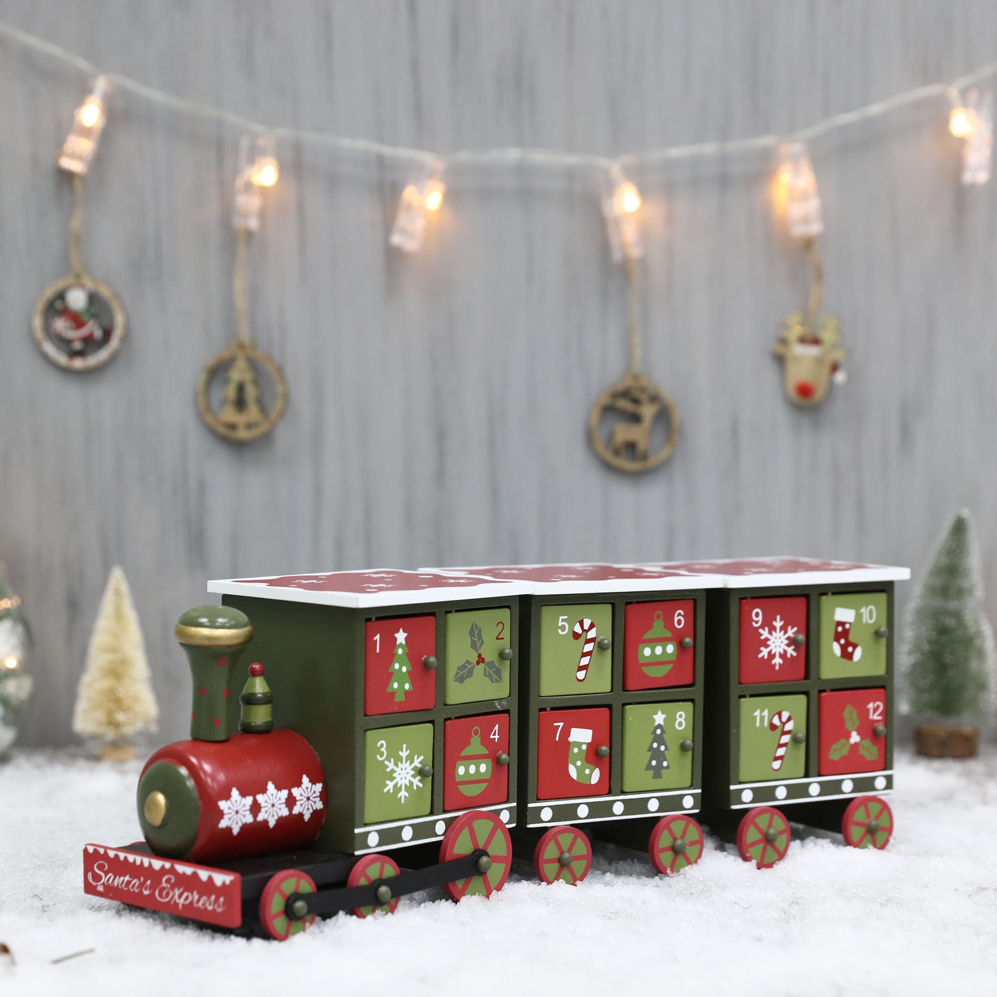 PE Calendario de Adviento de madera de Navidad con 24 cajones, calendarios de Navidad para niños y adultos, cuenta regresiva de Navidad, decoración tradicional (tren rojo y verde)