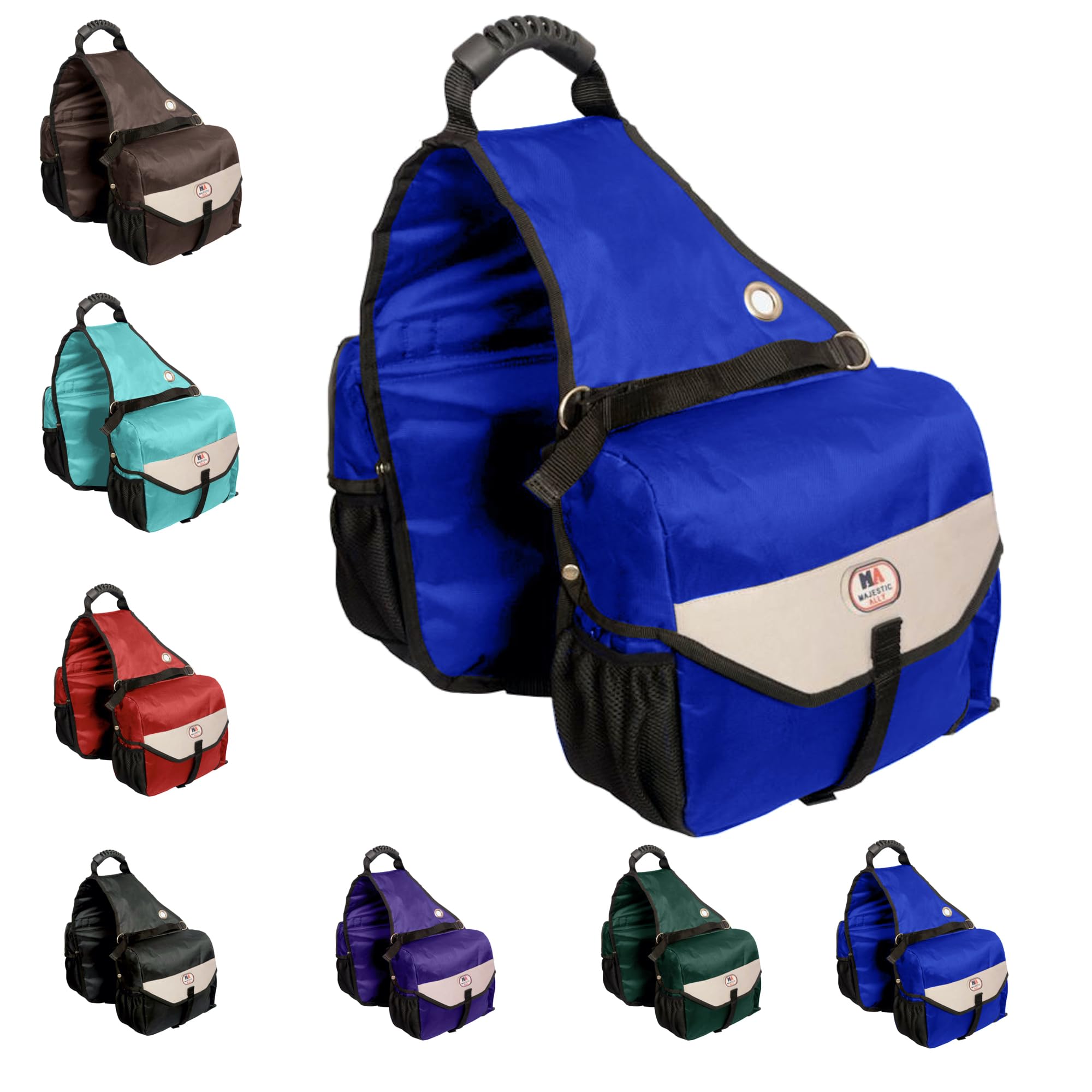 Majestic Ally Saddle Bag for Horses - Nylon Insulated Leakproof Cooler Reflective Padded with Pockets and Water Bottle Carrier Durable Saddle Bag (Royal Blue)