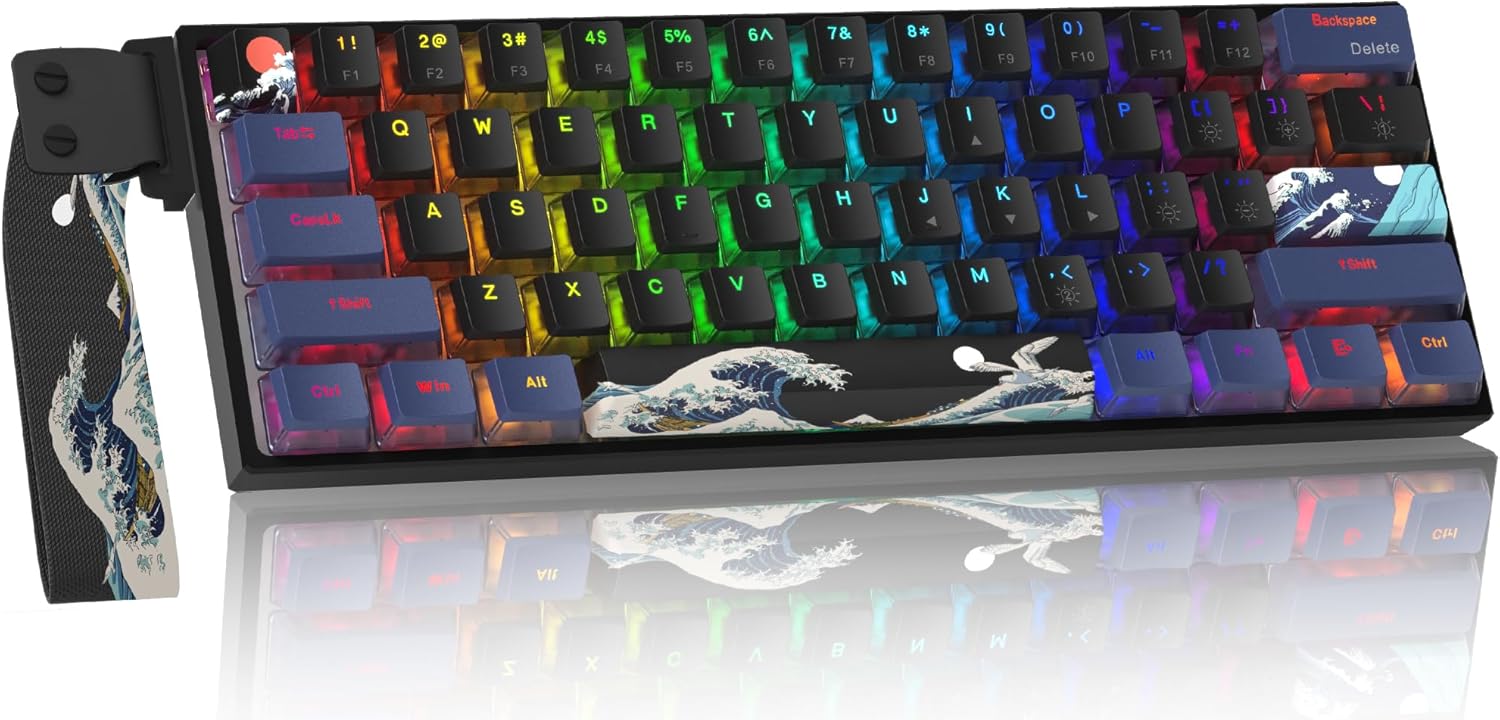 COSTOM WK61 PRO 60% Percent Keyboard with QMK, Black Kanagawa Wired Mechanical Gaming Keyboard with Strap RGB Backlit, Anime Pudding PBT Keycaps, Hot Swappable POM Linear Red Switch
