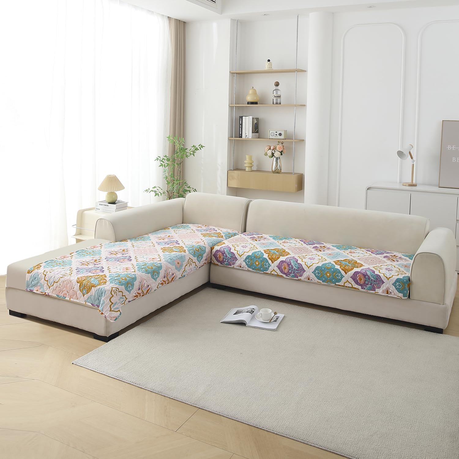 HOKIPO 'VivaCasa Series' L Shape (3+3 Seater) Sofa Cover Mat, Quilted Printed Quatrefoil Multicolor (NEW-IN-796-D5*2)-image-19
