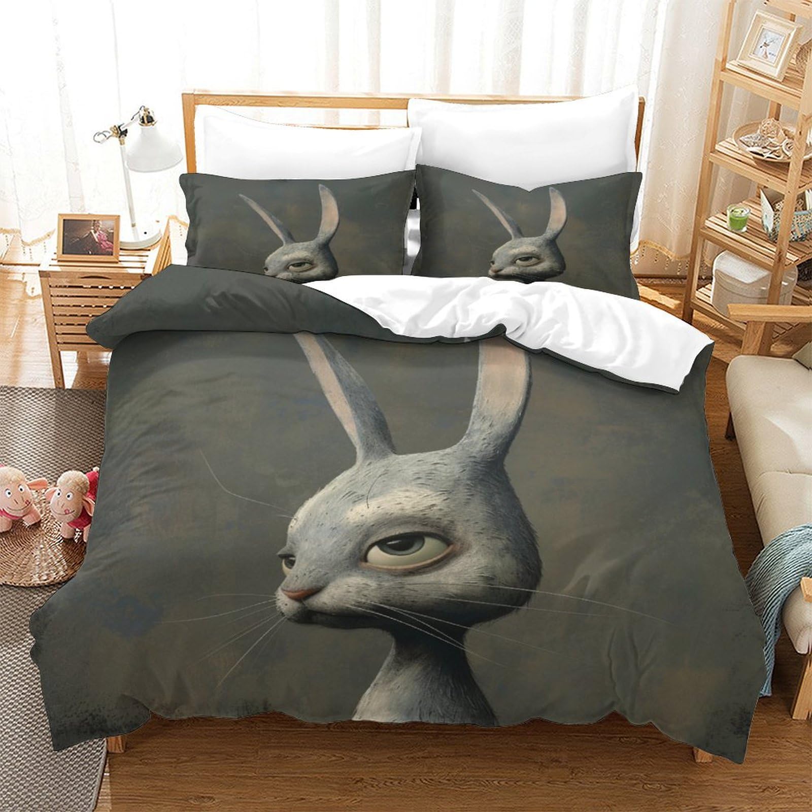 P1S9U7W5Y Artistic 3D Printed Rabbit Animal Pattern Duvet Cover Set 3 Pieces Microfiber Skin-Friendly Bedding Set for Adults Teens Bedroom Decor Double（200x200cm）