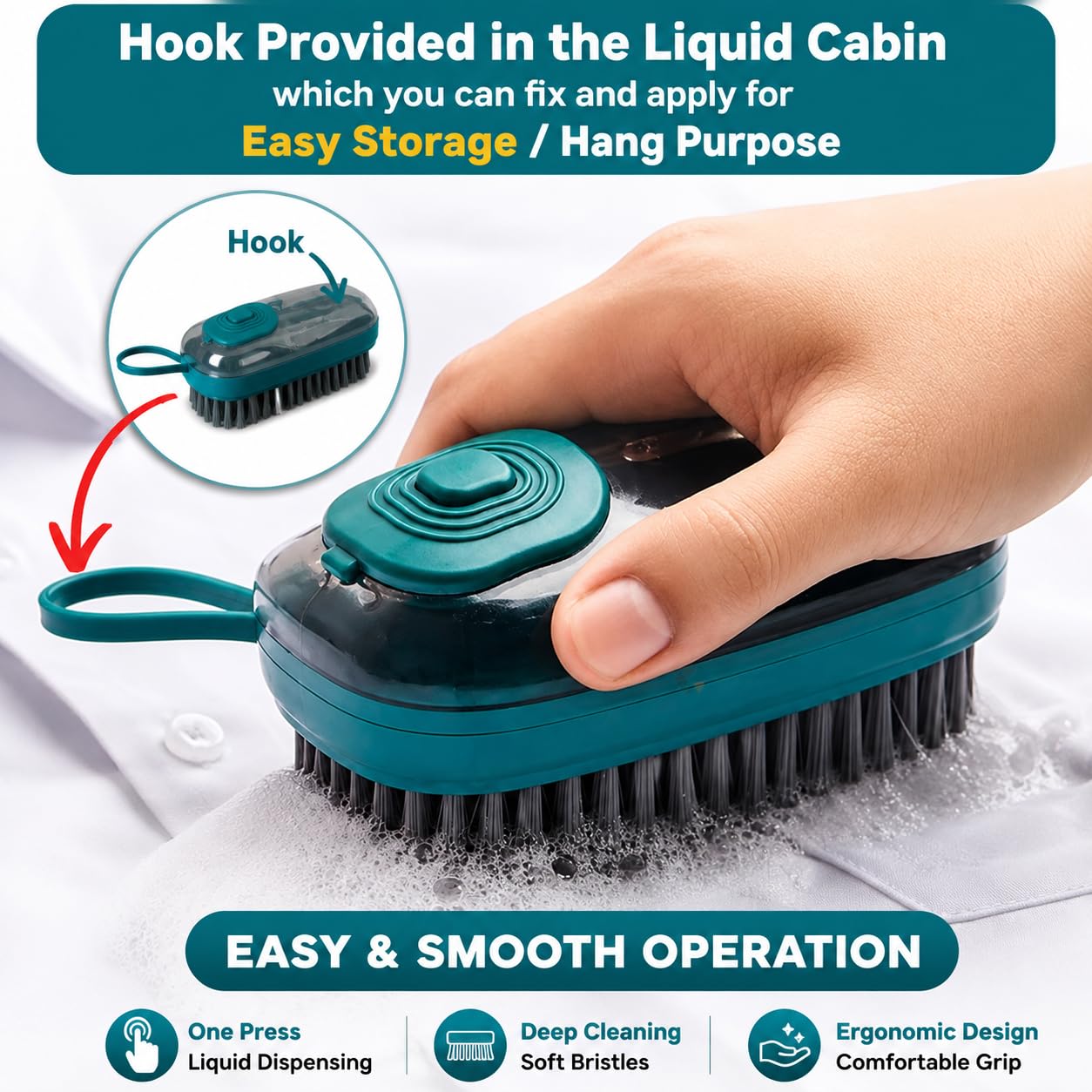 GUJISH Dispensing Cleaning Brush with Liquid Dispenser Cabin | Multipurpose Dish Scrub Brush for Kitchen, Sink, Shoes, Clothes & Pots | Soft Nylon Bristles | Refillable Soap Brush | Multi Color 3