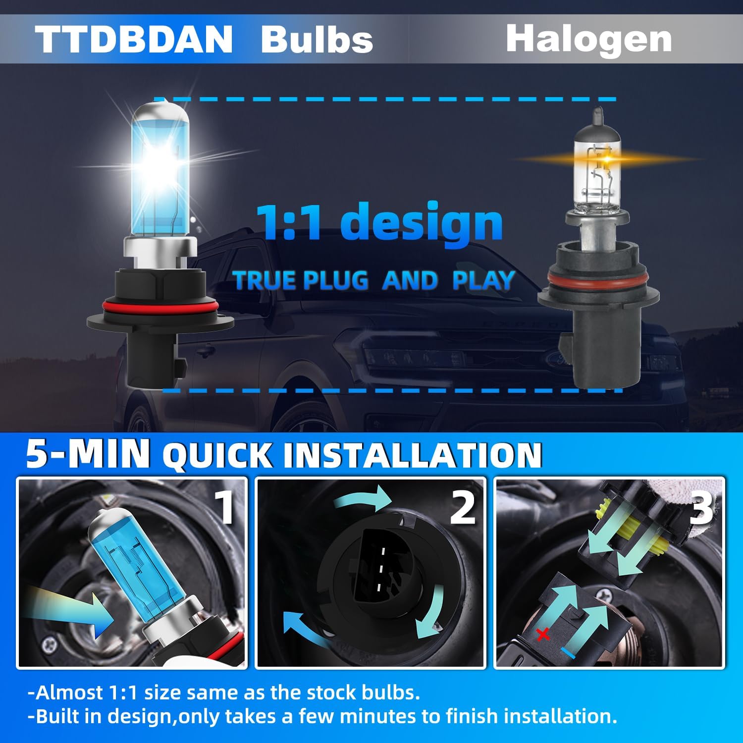 Halogen Headlights Fit For Ford F150 1987-1991 Headlight Bulbs,9004/HB1 High/Low Beams Bright Front Light Combo Kit,Plug & Play,Pack of 2 (Ford F150 1987-1991)