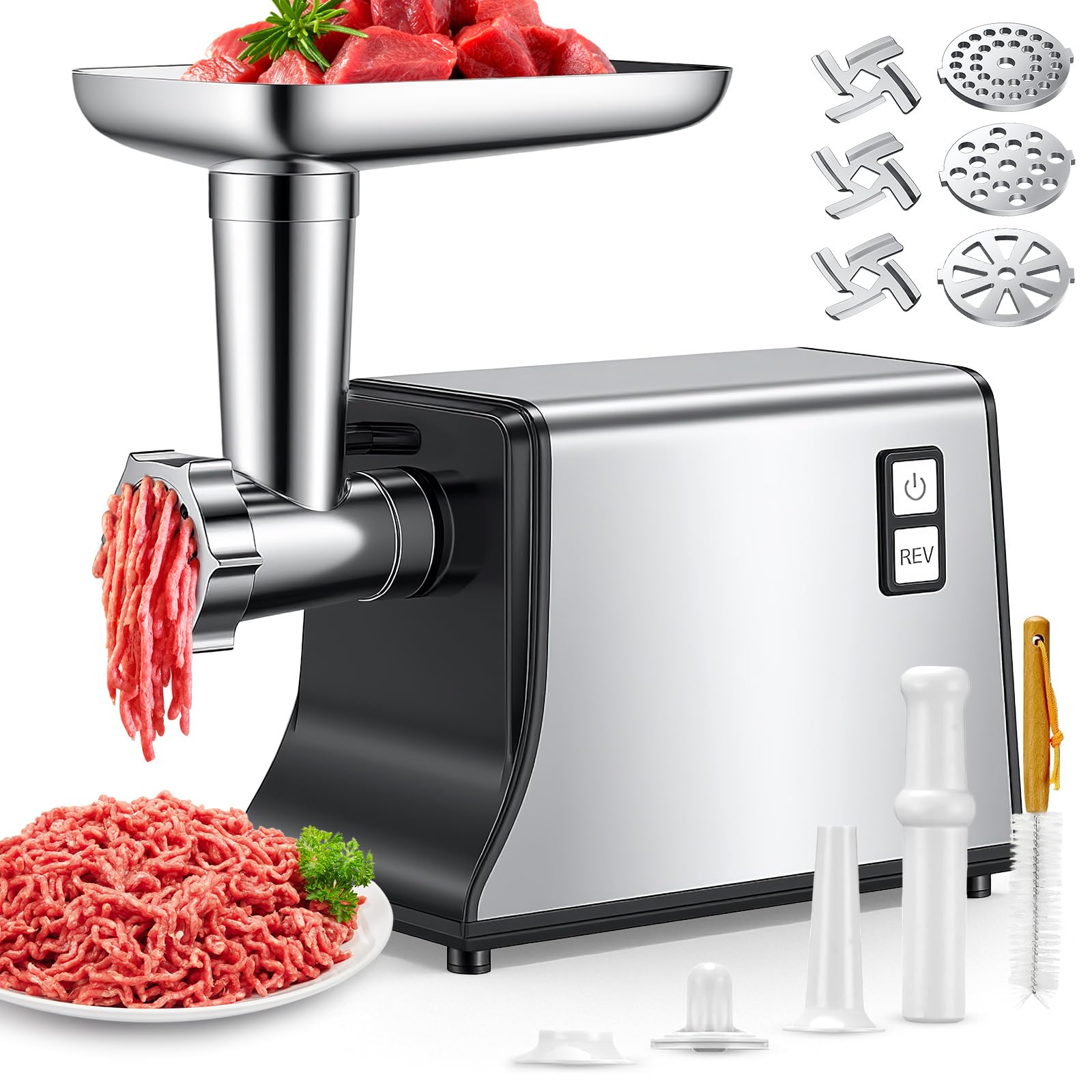 Hachoir à Viande Électrique, 3-en-1 Hachoir a Viande Professionnel [2800W Max] avec 3 Plaques de Broyage en Acier Inoxydable, Kit Kubbe, Tube à Saucisses, 2 Vitesses, pour Usage Domestique