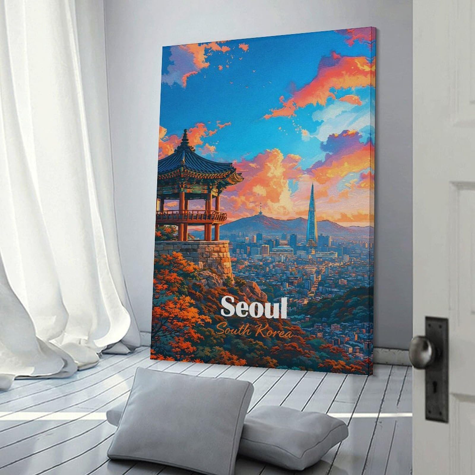 Junmoney Frame-Style-1-1 Canvas Art Print Seoul Cityscape With Traditional Pavilion, 20X30inch(50X75cm), For Office, Study Or Home Workspace, Wall Art That Adds Style To Work Areas