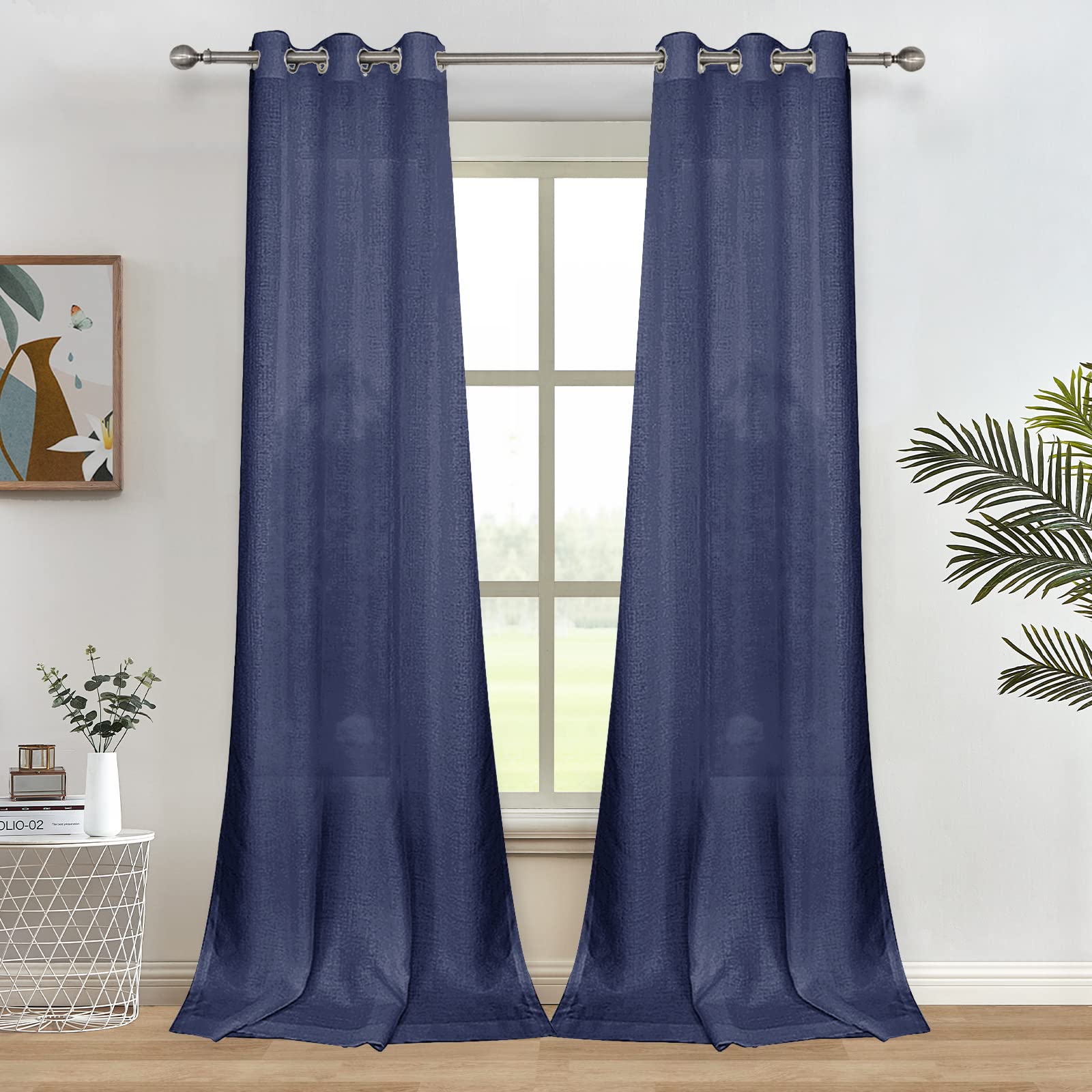 Melodieux Navy Semi Sheer Curtains 96 Inches Long for Small Windows Living Room Bedroom Linen Look Rustic Grommet Voile Drapes, 42 x 96 Inch (2 Panels)