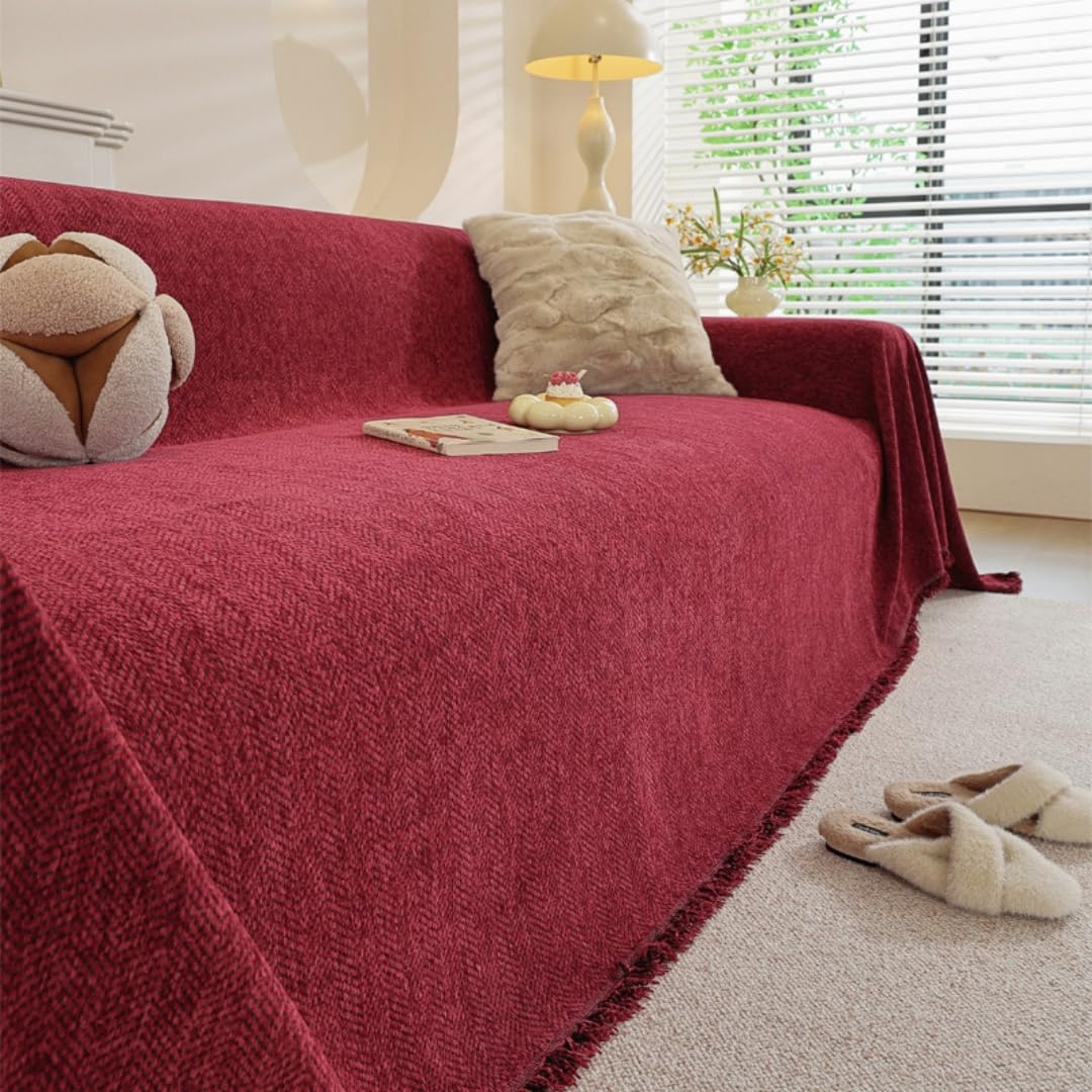 Highdi Chenille Sofa Throws Large Ersatile Soft Throw Blanket with Tassels, Solid Color Extra Large Throws for Settees Couch, Sofa, Bed, Armchair (Burgundy,180x380cm)