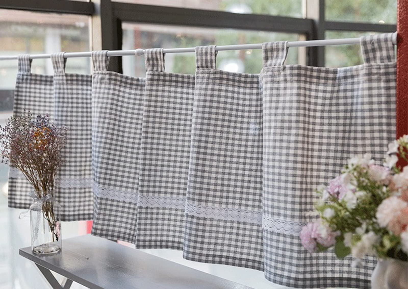 A.Monamour Gardine Scheibengardinen Kurzstores Tab-Top Grau Kariert Baumwolle Leinen Blickdicht Mit Spitze Kurzvorhang Kurzgardinen Küchengardine Küche Vorhang Fenster Kurz Stores Bistrogardine