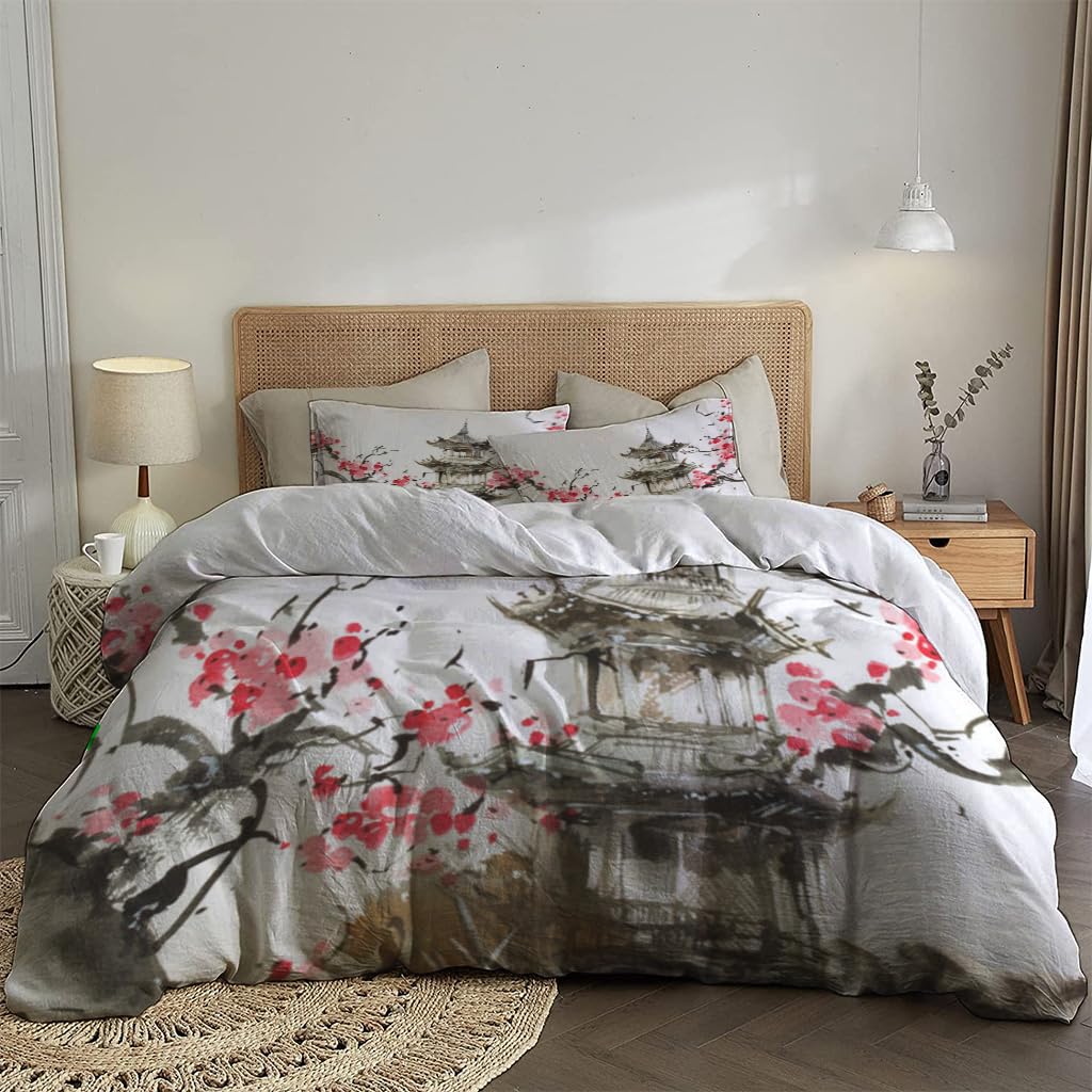 NIBAINLO 布団カバー墨で描いた日本の建物とピンクの花が咲いた桜の木 肌に優しい ピーチスキン加工 掛け布団カバー 和式 洋式 あったか 布団カバーセット リバーシブル ホームステイ ホテル 家庭兼用