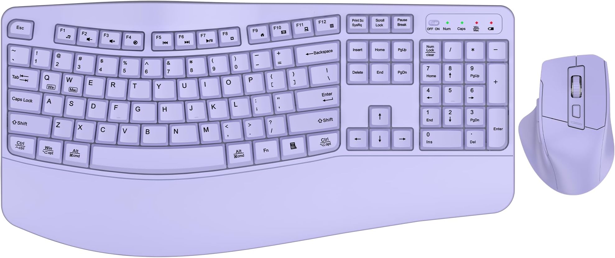 Wireless Keyboard and Mouse Combo, 2.4G Full Size Wave Keys Ergonomic Keyboard with Wrist Rest and 3-Level DPI Adjustable Wireless Ergonomic Mouse for Windows, Mac OS Desktop/Laptop/PC(Purple)