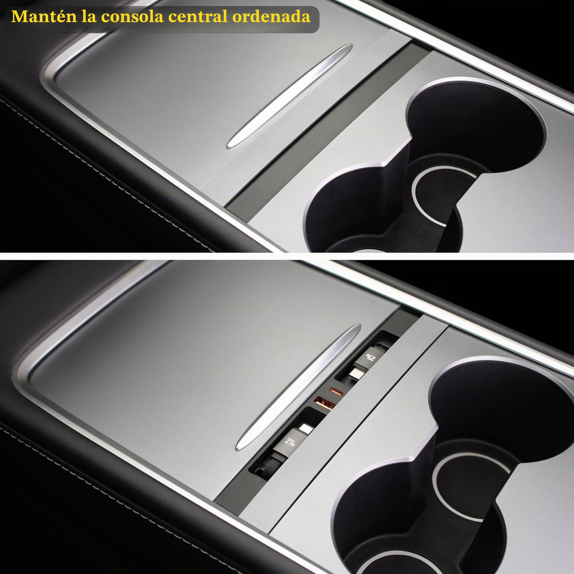 Concentrador USB con Carga para Tesla Model 3 2021-23 y Model Y 2021-24 con Dos Cables Retráctiles de Carga Rápida Tipo-C de 27W, Accesorios para Estación de Acoplamiento de Consola Central