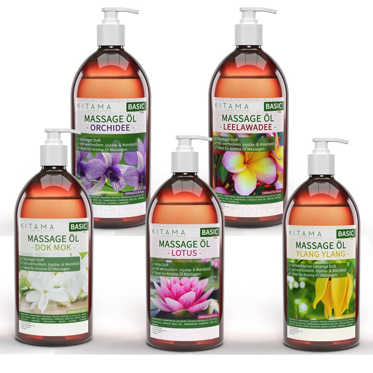 Kitama Aceite de masaje tailandés Aroma Set 5 x 1000 ml – Aroma Dok Mok, Leelawadee, Orquídea, Lotus & Ylang Ylang Ylang – Aceite aromático para la piel