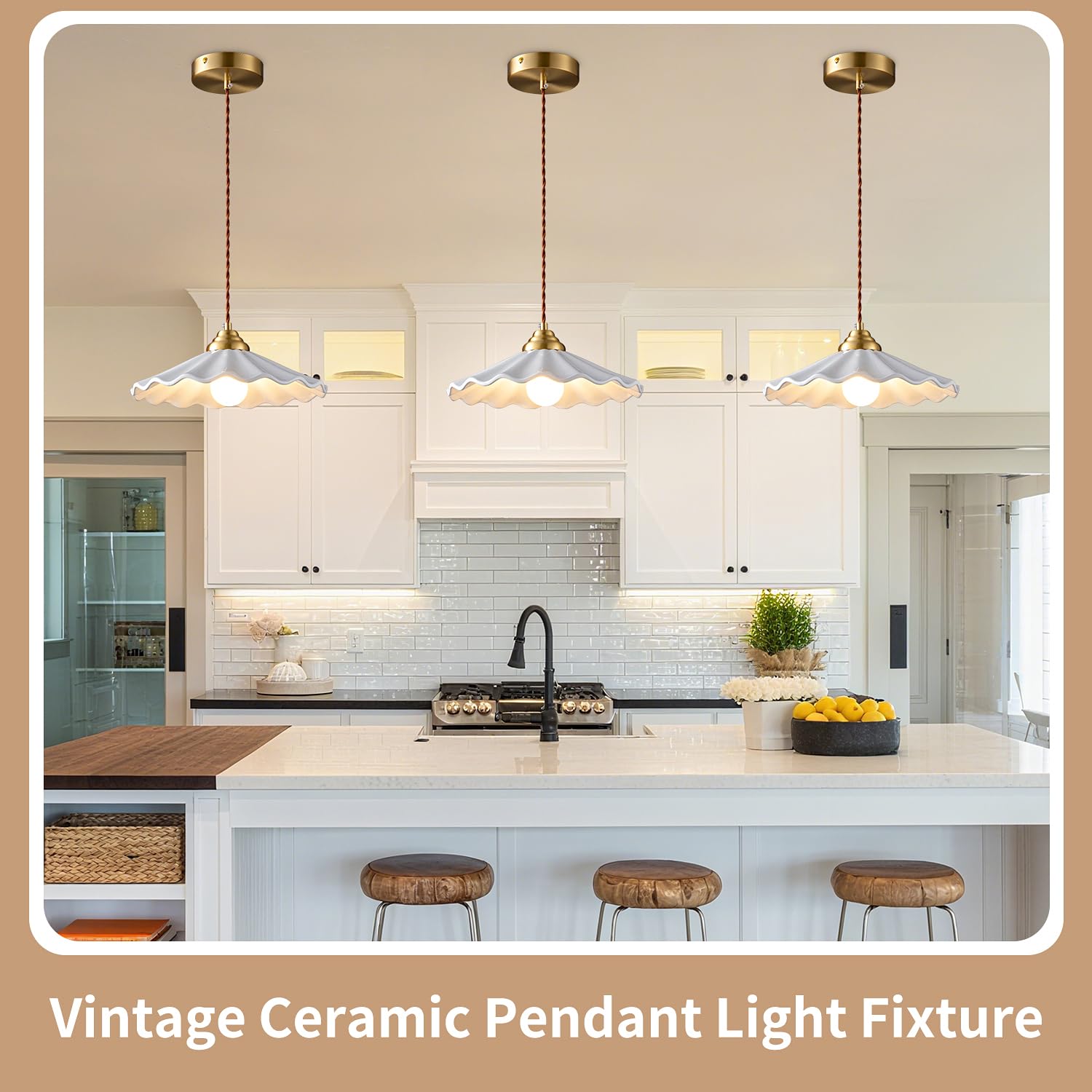 Hand-Painted Striped Ceramic Pendant Light – Rustic Farmhouse Hanging Lamp With Brass Base