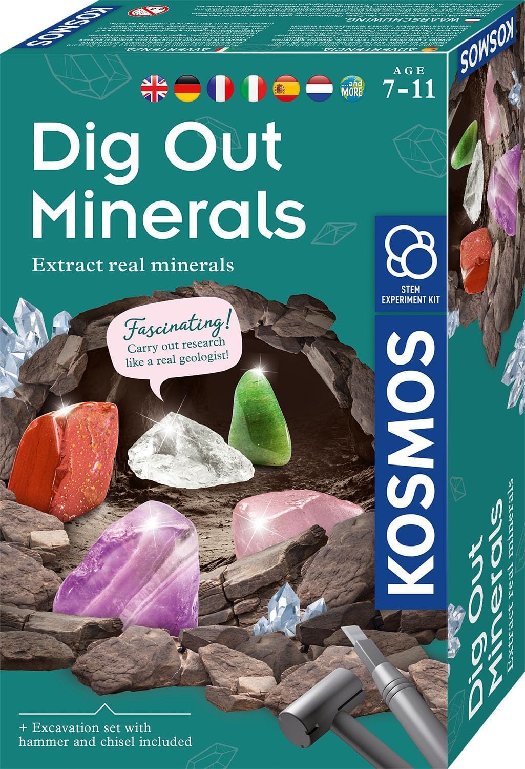 Kosmos 617202 Mineralien Ausgrabungs-Set, Grabe echte Mineralien selbst aus, mit Hammer und Meißel, 5 faszinierende Schmucksteine, Experimentierset für Kinder ab 7 Jahre, Mehrsprachig
