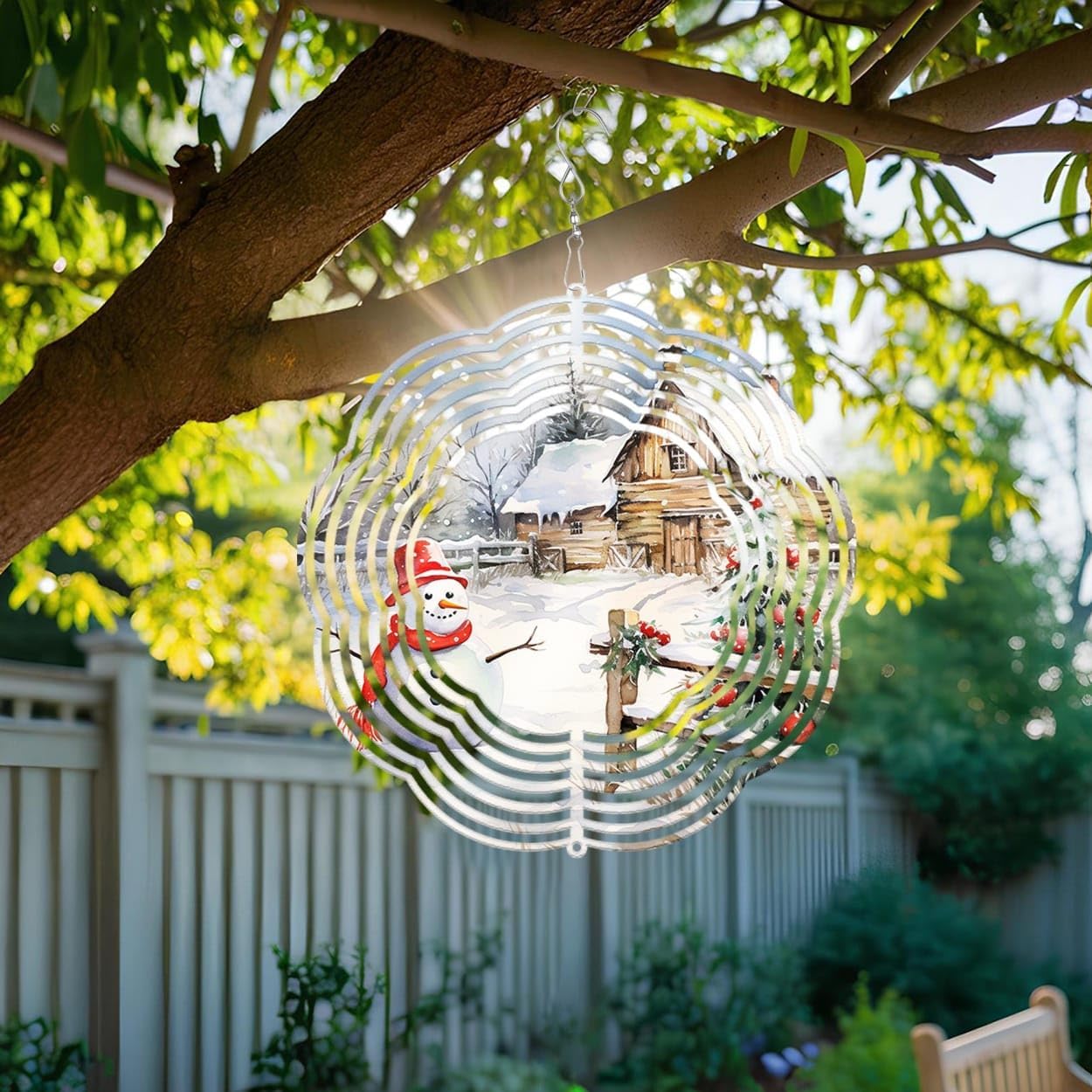 Snowman with Farmhouse Christmas Wind Spinners 3D Stainless Steel Laser Cut Metal Double Sided Printing-Hanging Indoor/Outdoor Decorations Yard Gardening Decor,Metal Kinetic Art 16x16 inches