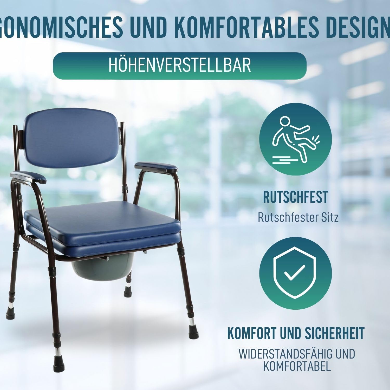 OrtoPrime WC-Stuhl, gepolstert, tragbar, verstellbar, tragbar, mit Bidet zum Anklippen, Badezimmerstuhl für ältere Menschen, Geriatrischer Badezimmerstuhl, komfortabel und strapazierfähig