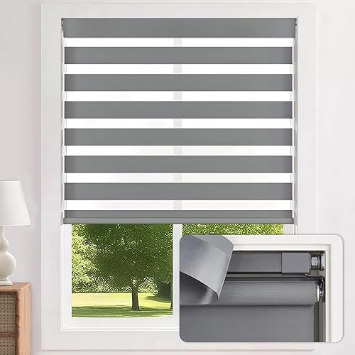 LazBlinds Cordless Zebra Blinds for Windows - Dual Layer Light Filtering & Blackout Roller Shades, Free-Stop Lift System, No Drill Easy Install, Day & Night Privacy with Valance, 35.5"W X 72"H, Grey