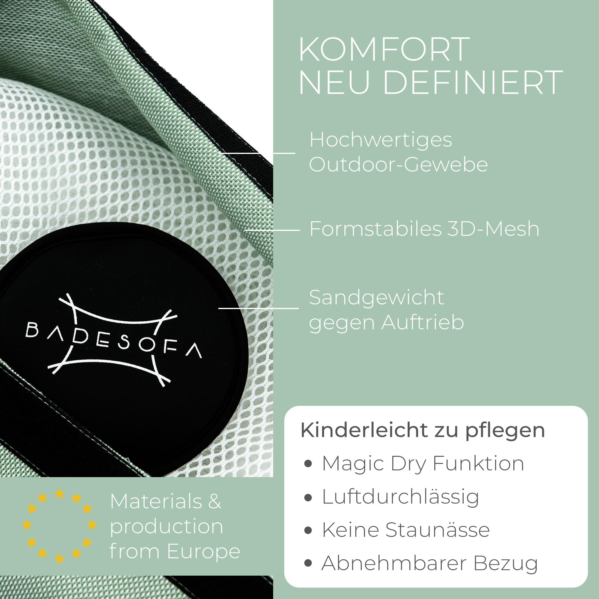 BADESOFA® Badewannen-Kissen M | Premium-Qualität | Bequemes Wannenkissen Made in EU | Bade-Polster in Grün, waschbar & schnelltrocknend | Für breite, eckige Badewannen