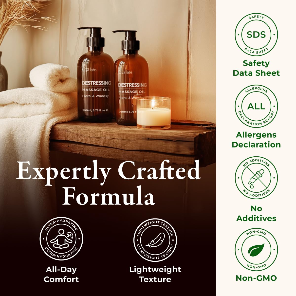 Gya Labs Aceite de masaje desestresante - Aceites para dolores musculares para terapia de masaje y piel - Elaborado con aceites de lavanda, rosa Otto, palisandro, mirra, jojoba y argán (200ml)