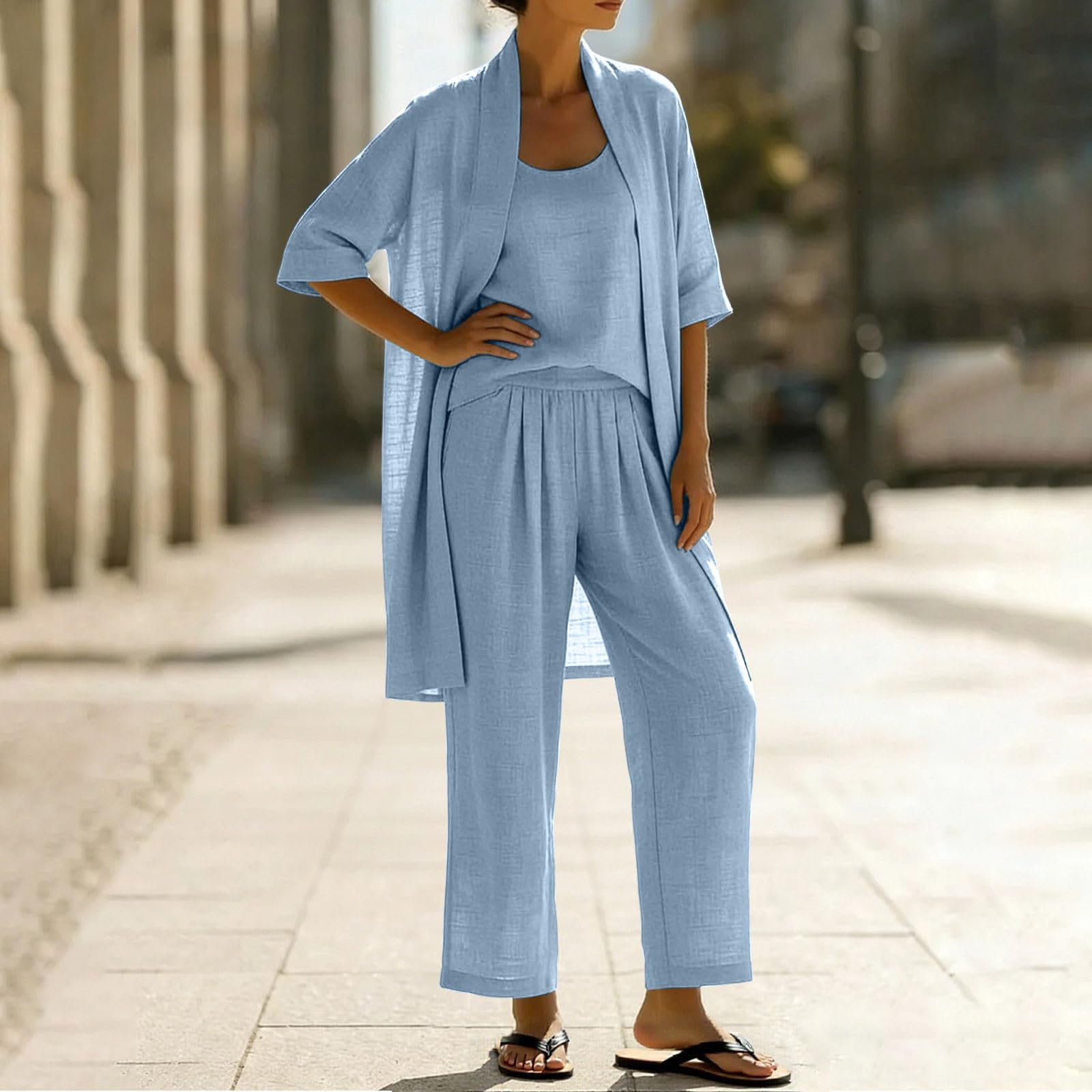 Générique Ensemble Femme Chic Élégant 3 Pièces en Lin Haut Assorti à Manches Courtes Haut Sans Manches Pantalon Palazzo Taille Haute à Jambes Larges Tenue d'Été Décontractée Grande Taille