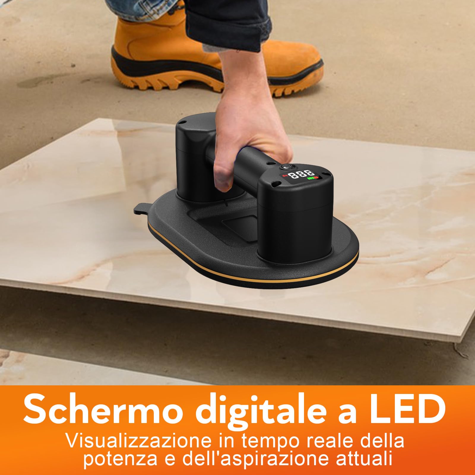 Elettrica Ventosa per Piastrelle, 2 Pezzi Sollevatore Ventosa Vetro con Doppi Motori, Display LCD, Batteria Integrata da 4000 mAh, Capacità di Carico 300 kg, Trasporto per Piastrelle, Vetro, Marmo