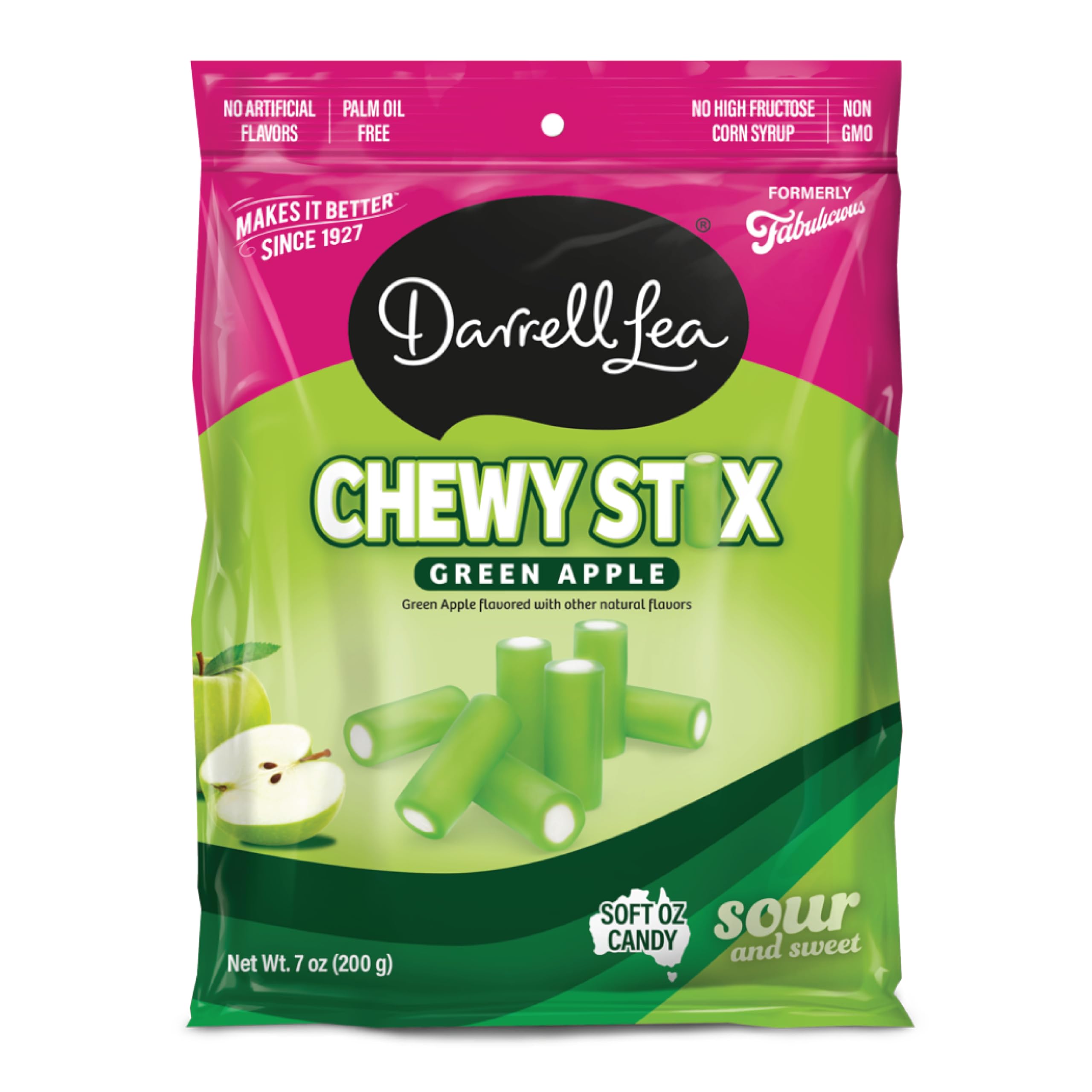 Darrell Lea Fabulicious Sour Candy Stix, Soft and Tangy, No Artificial Flavors, Palm Oil Free, Made in Australia, Shareable (Sour Apple, 7 Ounce (Pack of 1))