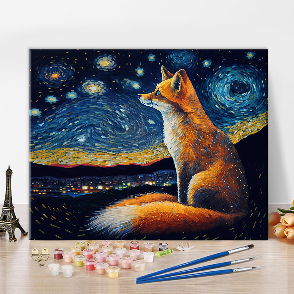 Fox Pictures Paint by Numbers for Adults Beginner, Night Starry Sky Abstract Painting Paint by Number Kits On Canvas Acrylic Paint,Drawing Paintwork with Paintbrushes Oil Painting Home Decor16x20 inch