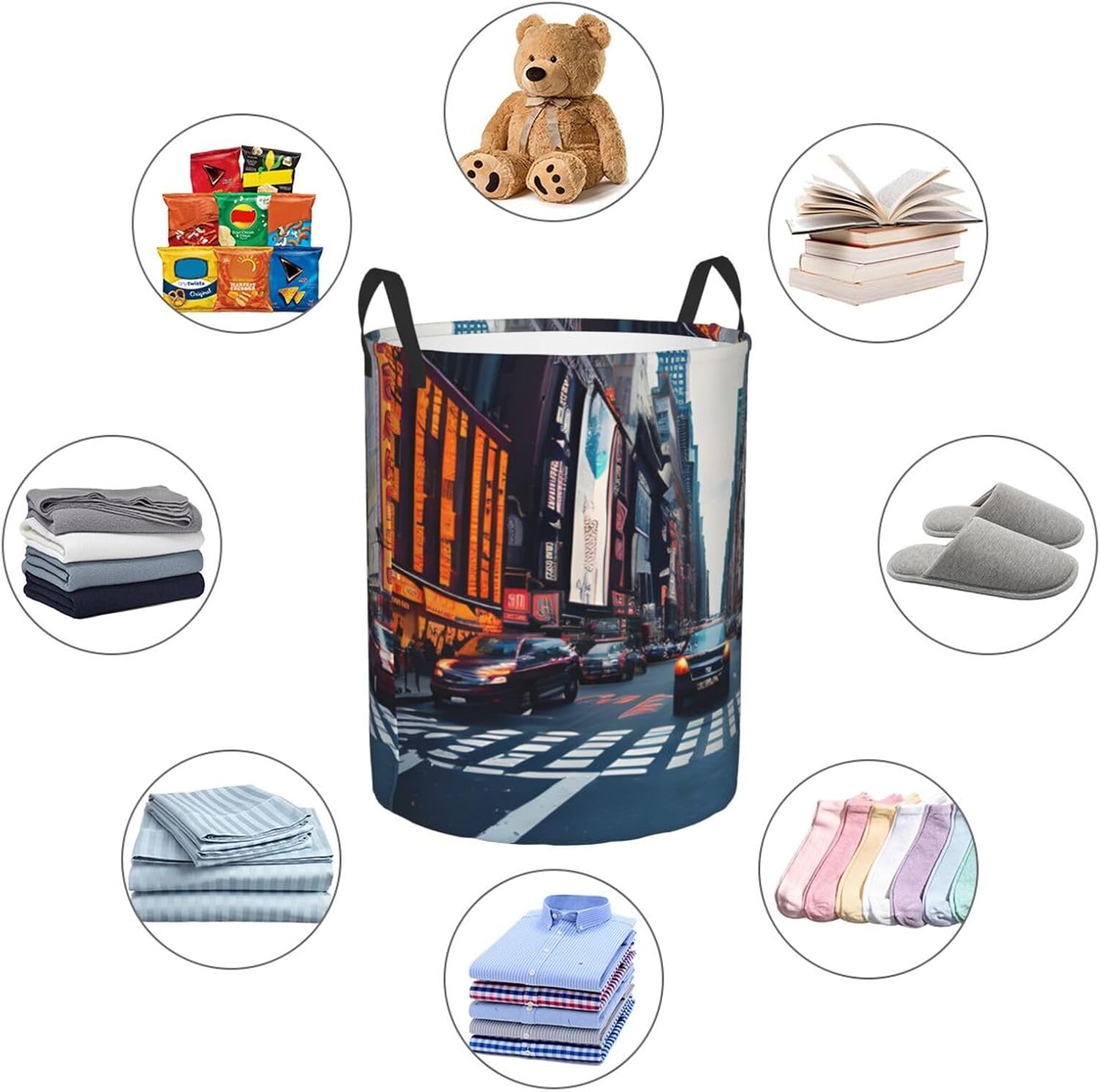 New York City Round Waterproof Oxford Fabric Large Clothes Basket Laundry Hamper With Handles,Toy Storage