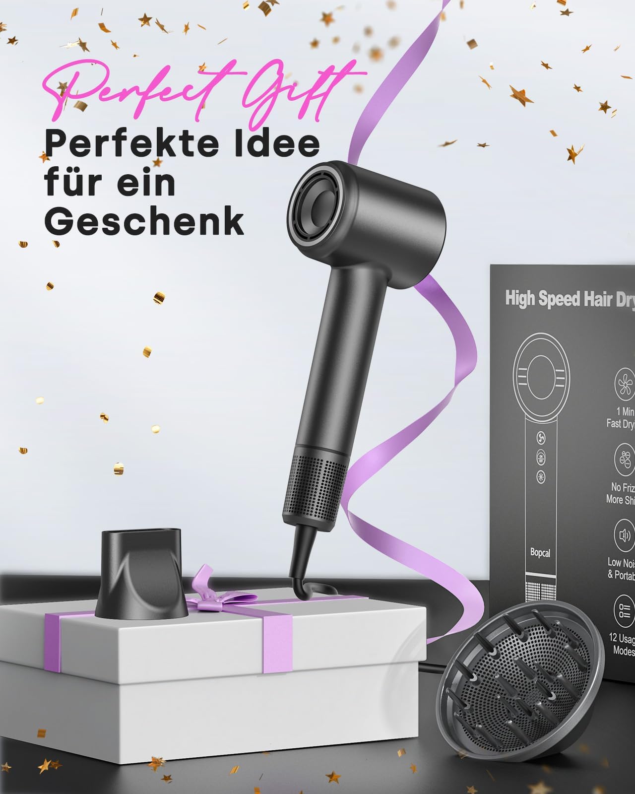 Bopcal Föhn mit Diffusor, 120000 U/min High-Speed Ionen Haartrockner mit 500 Millionen Negative Ionen für Schnelles Trocknen, Professioneller Reise fön für Hause, Salon, Geschenk, 12 Modi