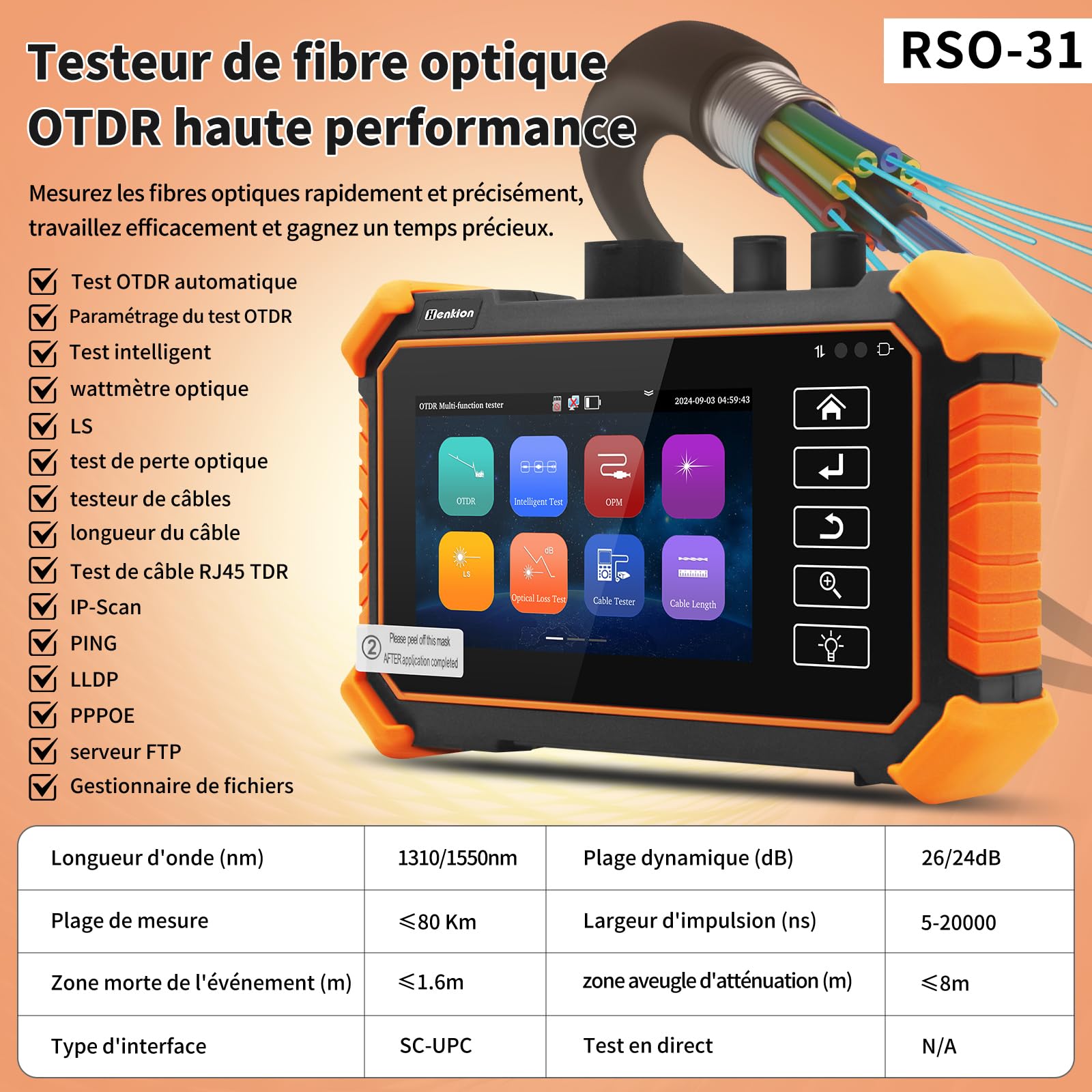 Henkion OTDR Testeur de fibre optique 1550 nm 26/24 dB, testeur de fibre optique prend en charge OPM, LS, OLS, VFL, carte d'événement, test de câble UTP/RJ45 TDR / testeur de câble de longueur