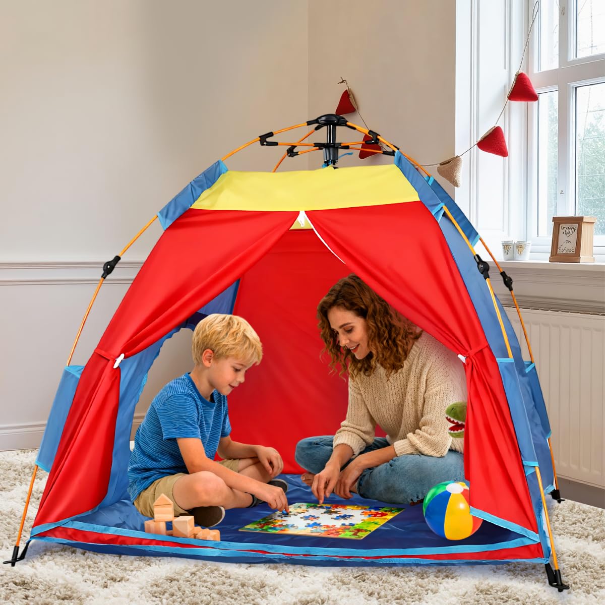 Higoya Hydraulic Pop Up Tent, Kids Tent with Tri-Colour Design, Kids Tent Indoor & Outdoor，Perfect for Boys Girls Ages 3+ (125 x 133 x 108 cm), Foldable Play Tent with Breathable Mesh Windows,