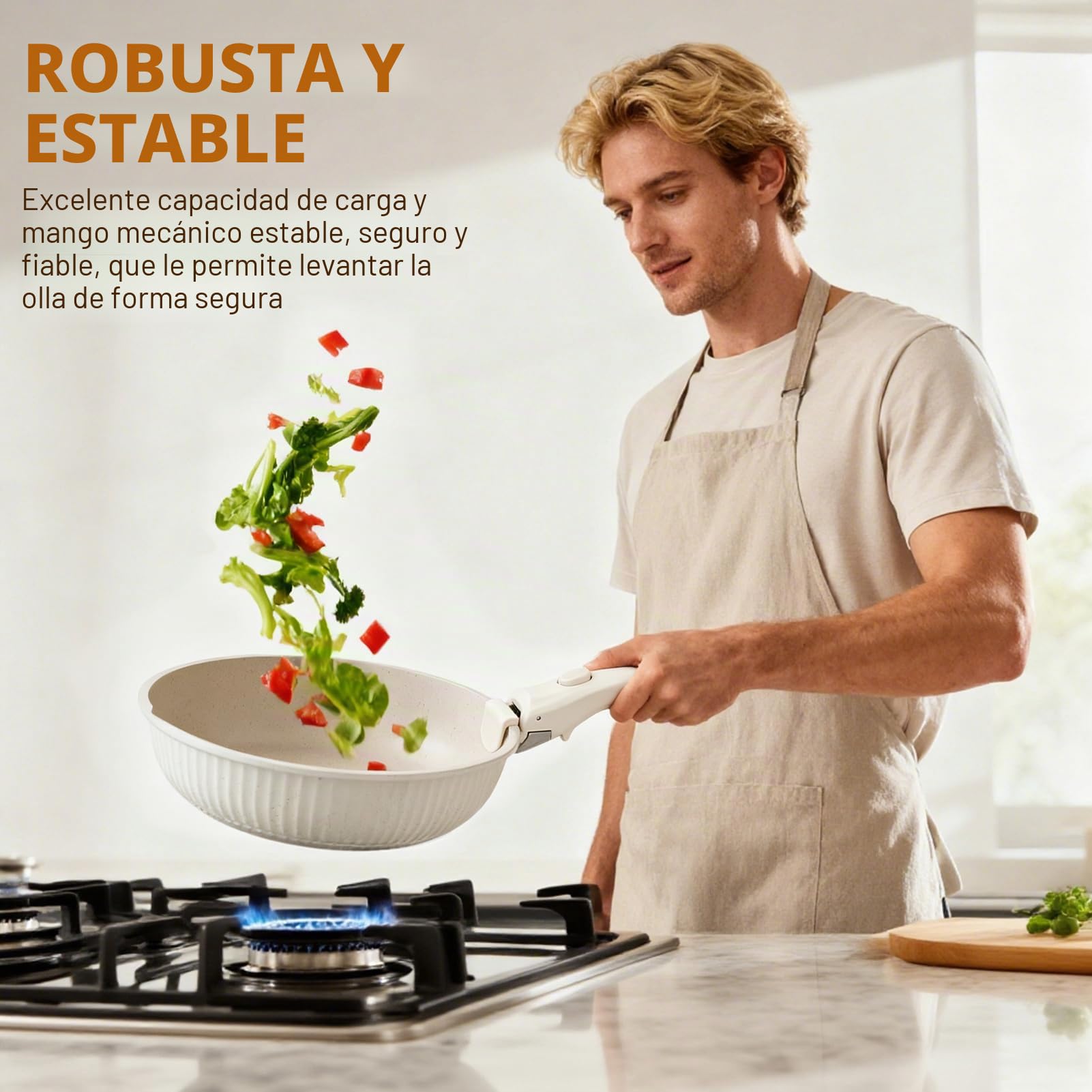 Juego de sartenes mango extraíble, 3 pcs sartenes cerámica sin tóxicos, revestimiento de piedra de trigo, aptos para inducción y horno, diseño apilable (blanco)