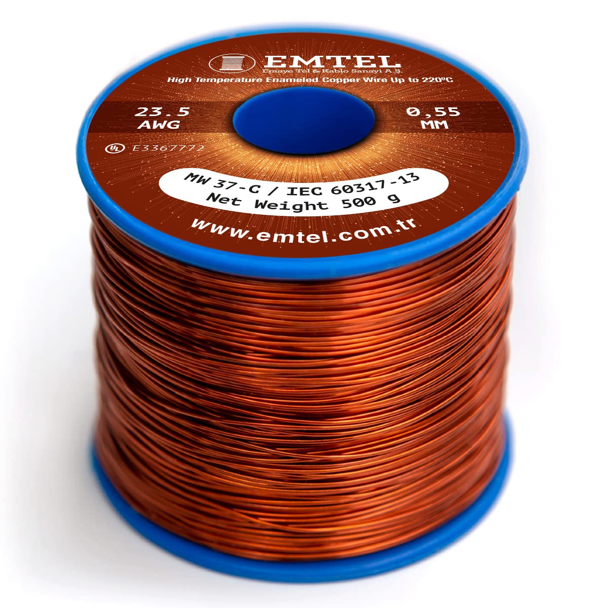 Emtel 0.55 mm - 500 gr - 232 mètres Fil de cuivre émaillé - Fil d'enroulement pour moteur, transformateur, haut-parleur, bobine magnétique - Fil magnétique jusqu'à 220°C - Isolation double couche