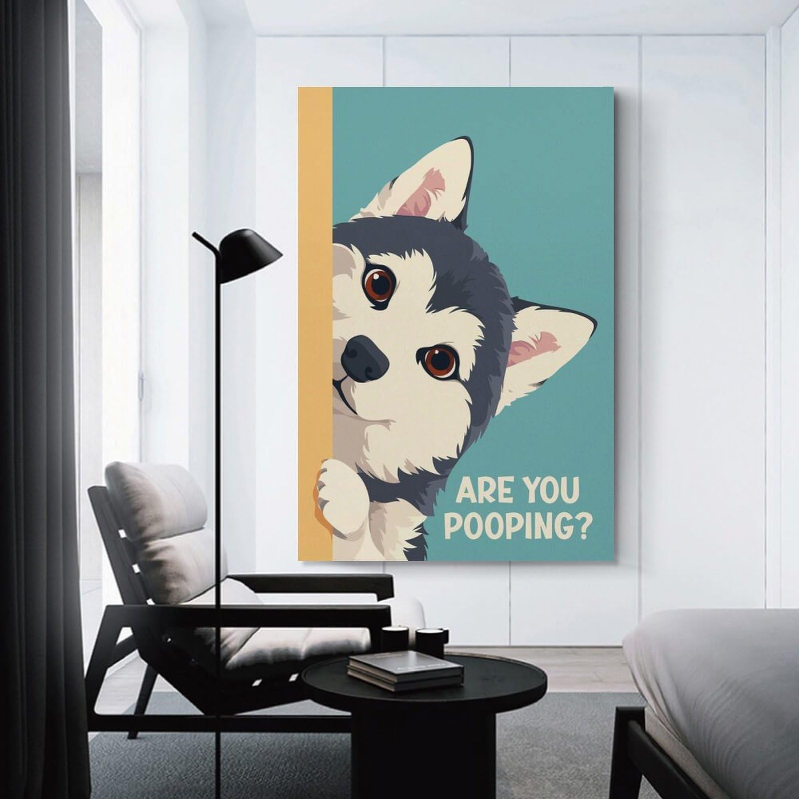 Junmoney Canvas Wall Decor Husky Peeking Are You Pooping, 24x36inch(60x90cm), for Flats, Guest Rooms Or Compact Rooms, Wall Decor with Flexible Room Appeal