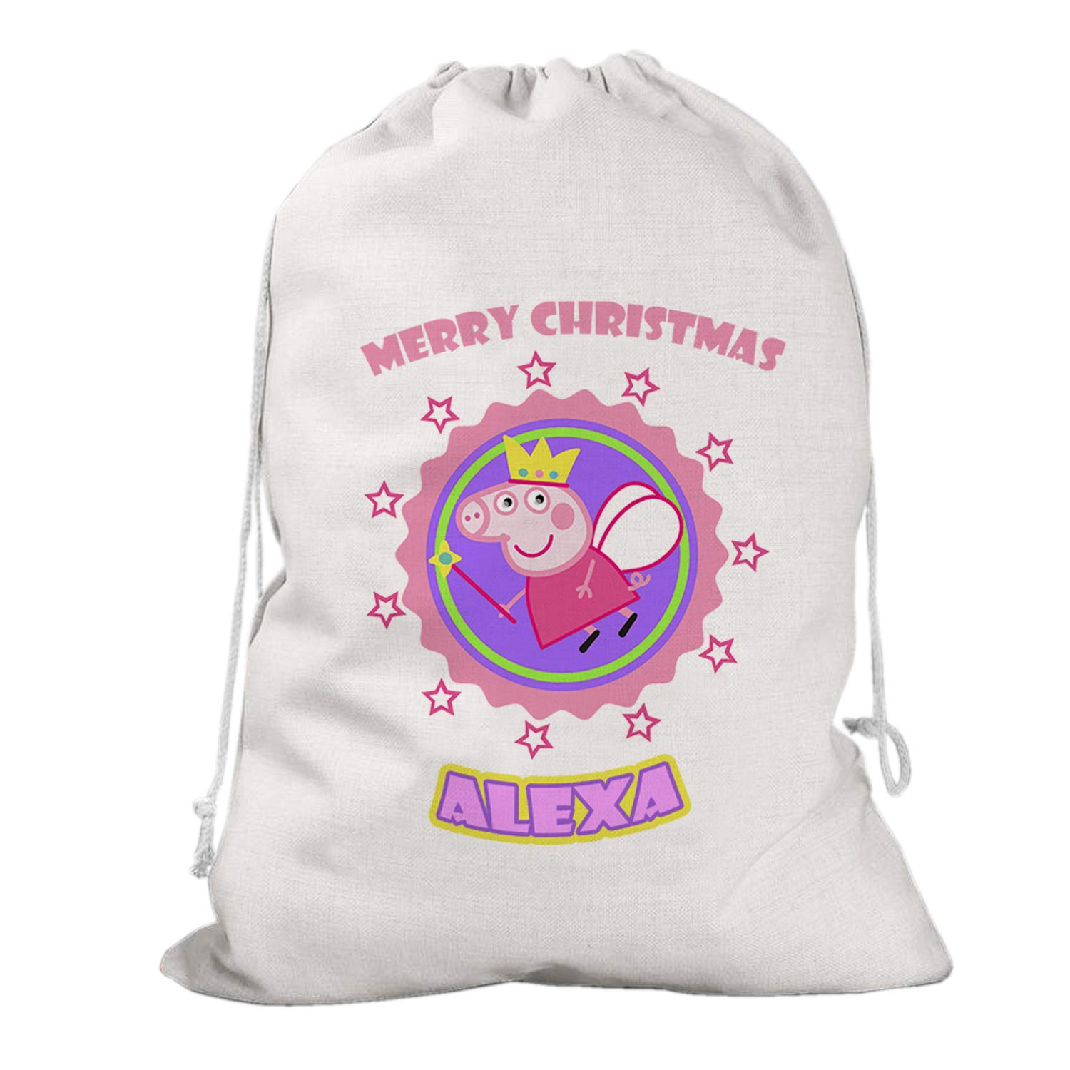 Giftme Natural Personalised Funny Cute Flying Pig Merry Christmas Santa Sack With Drawstrings Present-Toy Bag, Stoking Filler Bag. Storage Bag.