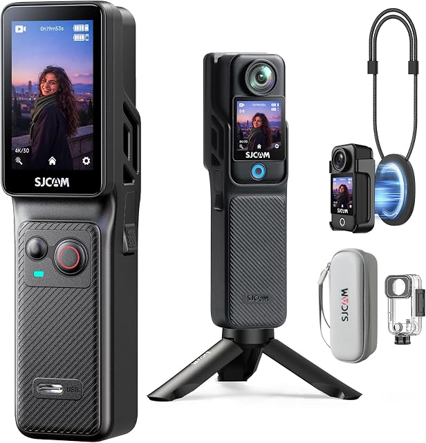SJCAM C400 Vlogging Camera,4K Pocket Handheld Camera,7H Power,Stabilization Action Camera,2.29''Touch Screen, Waterproof Body Cam for Travel Blog and YouTube Live Streaming,Black