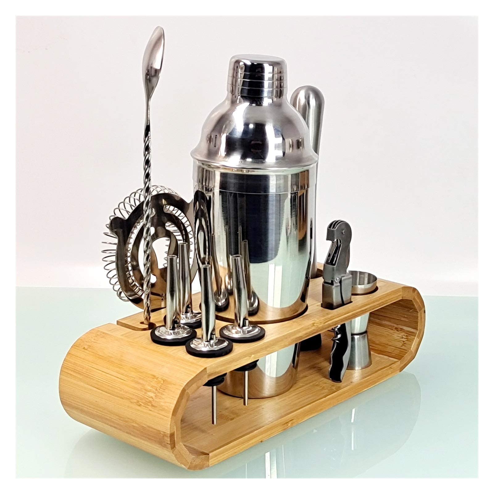 Cocktail Shaker Cocktail Shaker Set 12 pièces Cocktail Shaker Set Acier Inoxydable Barman Kit Mélangeur Boisson Bar Outil Accessoires Ovale Bambou Stand (Couleur : 550Ml) (350ml)