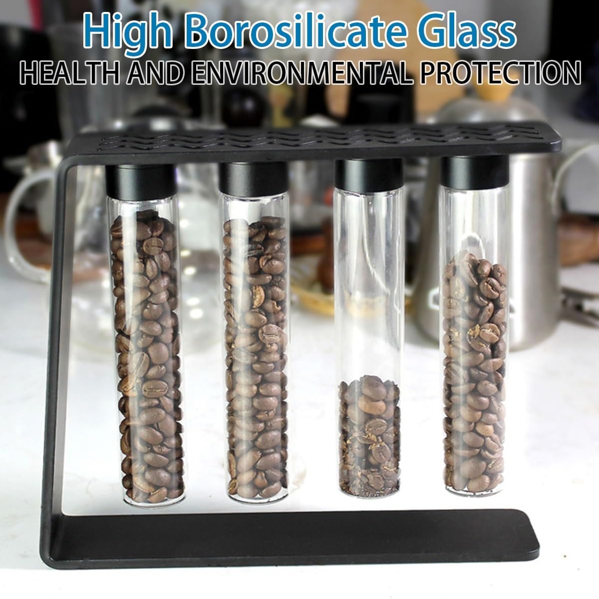 Kaffeebohnen-Aufbewahrungsröhren aus Glas mit magnetischen Deckeln, Metallständer, luftdichte Behälter für Frische, 45 g Kapazität für Kaffee oder Tee, 4 Stück