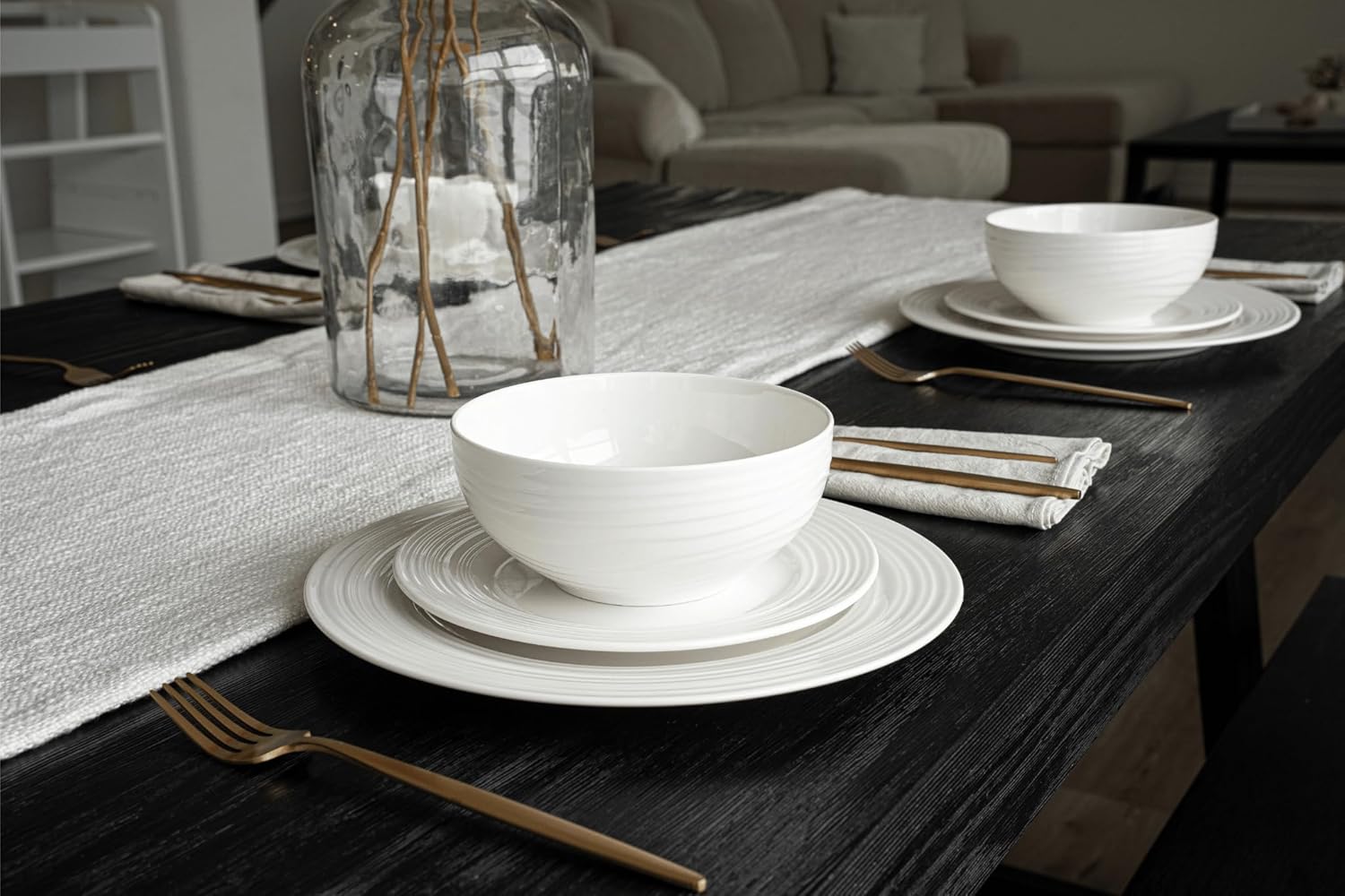 New Bone China 12 Piece Dinnerware Set, Santorini Collection (Wave), White, Daily Use China, Embossed Tableware Service for 4 image 2 of 8 B0DG37TXQB