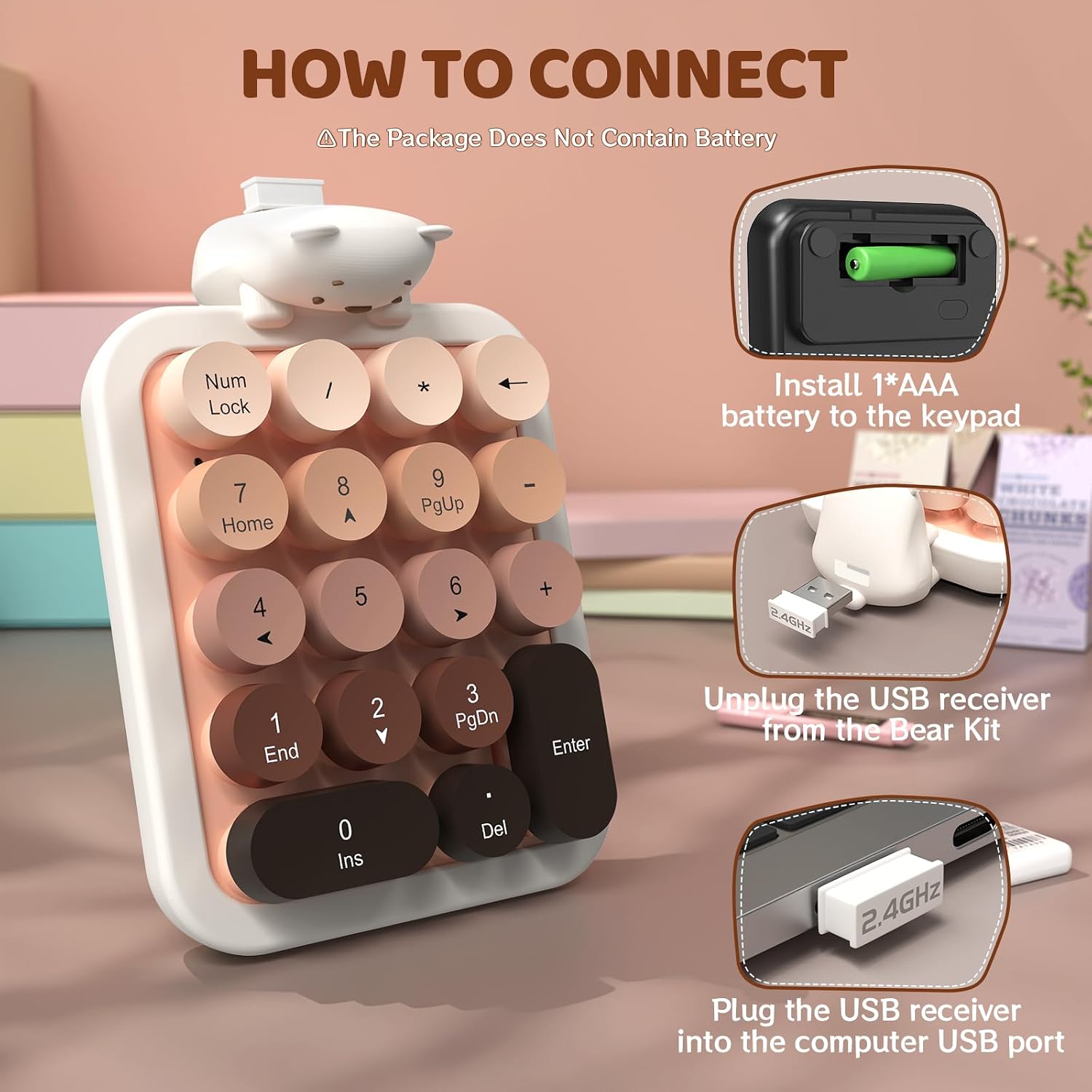 Ajazz AF18 Wireless Numeric Keypad, 2.4G USB Wireless Connection, Ergonomic 18-Key Compact Silicone Bear Design, Gradient Keycaps, Detachable & Portable Number Pad for PC, Laptop Milk Tea