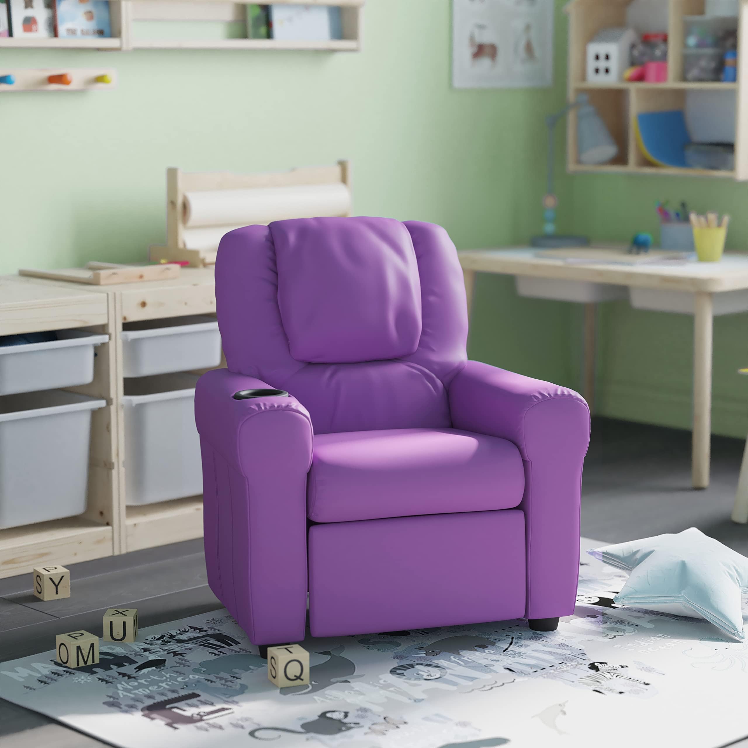 Kid's Recliner - Lavender Vinyl Upholstery - Integrated Cupholder - Padded Headrest - Safety Recline Feature