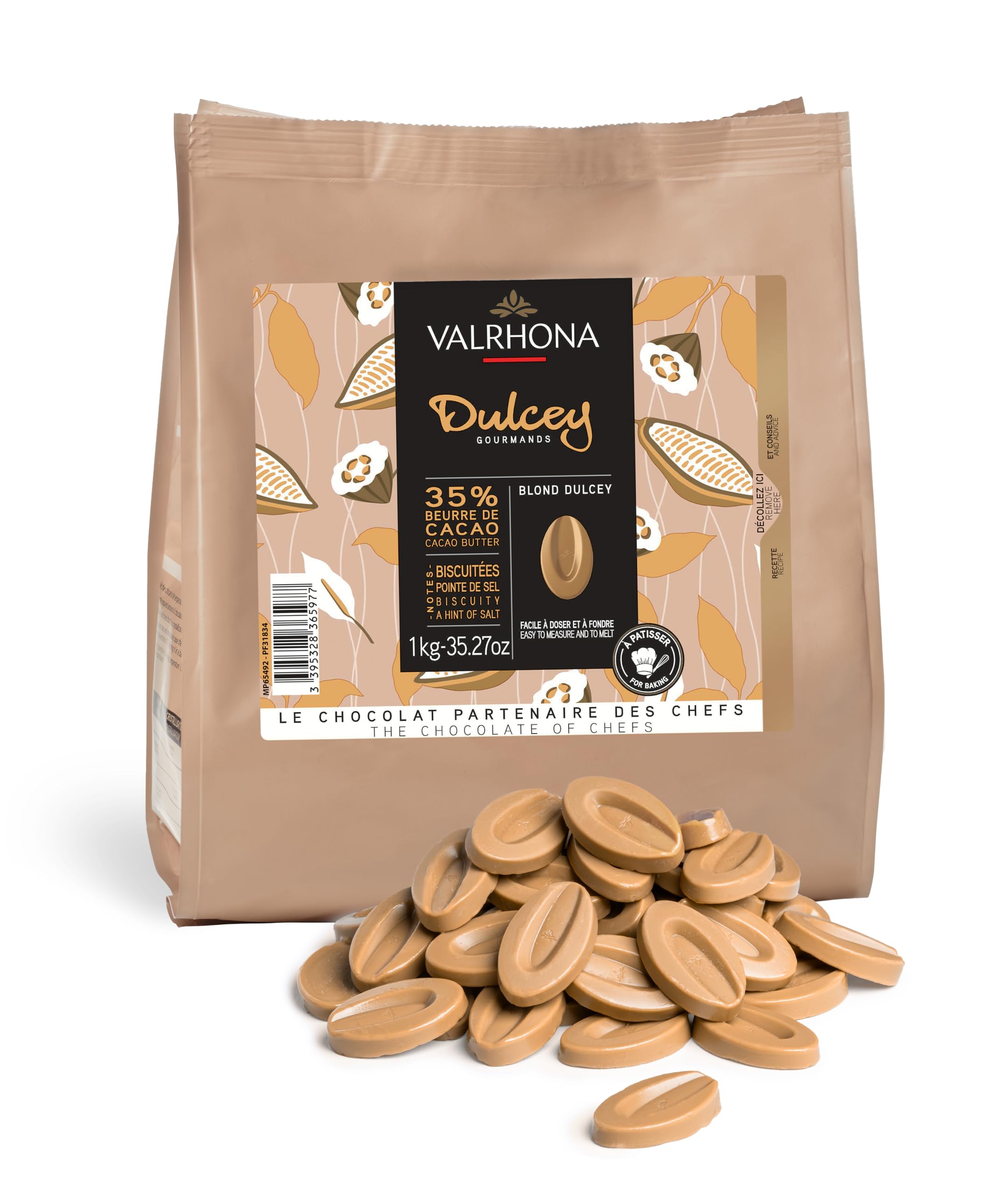 VALRHONAPremium French Baking Blonde Chocolate Discs (Feves) DULCEY 35% Cacao, Creamy, Caramel Cookie Flavor Notes, Easy Melt & Tempering Creamy, Balanced, For Luscious Frostings. 1kg (Pack of 1)